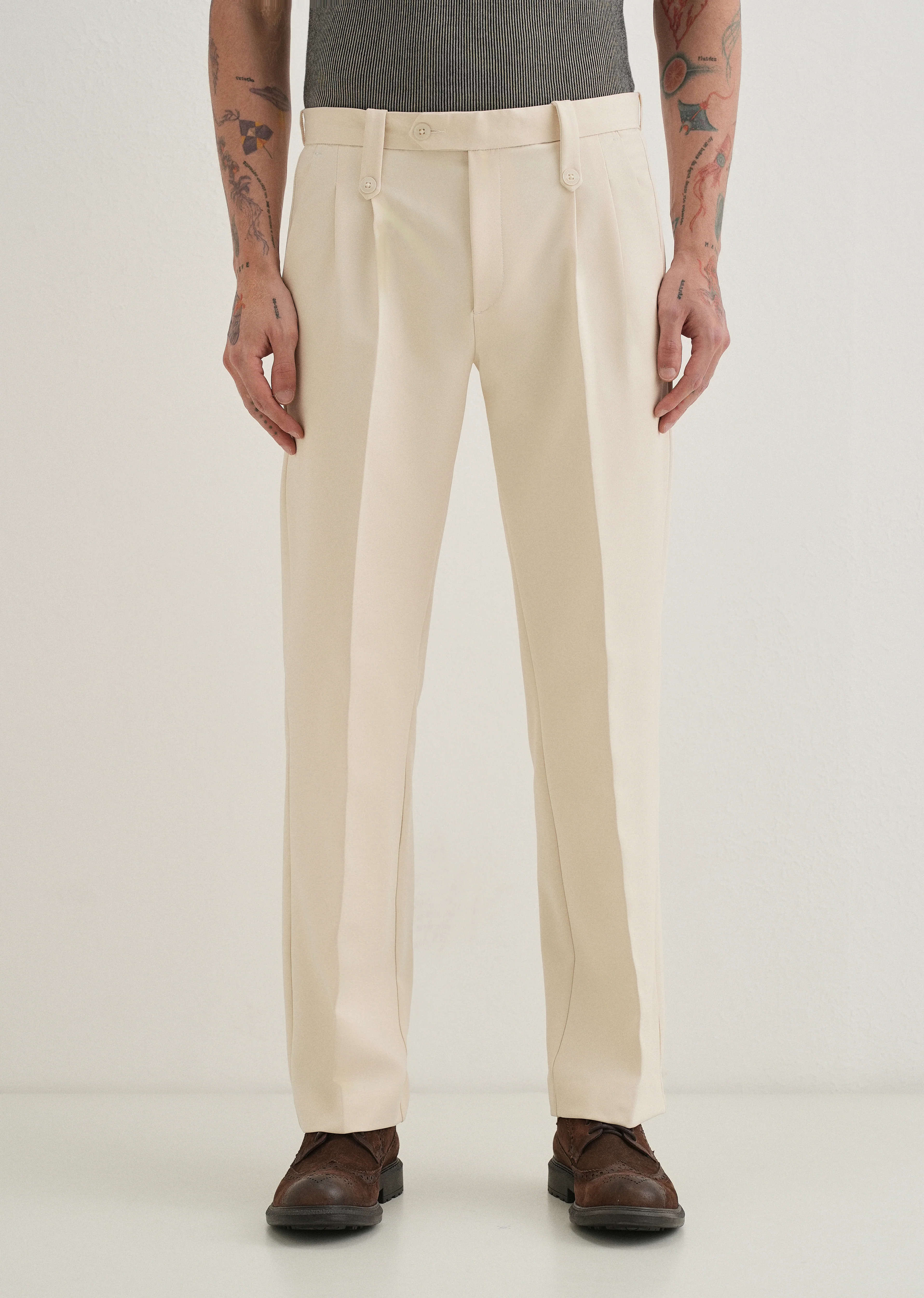 Cream Button-Tab Pleat Trouser - Image 3