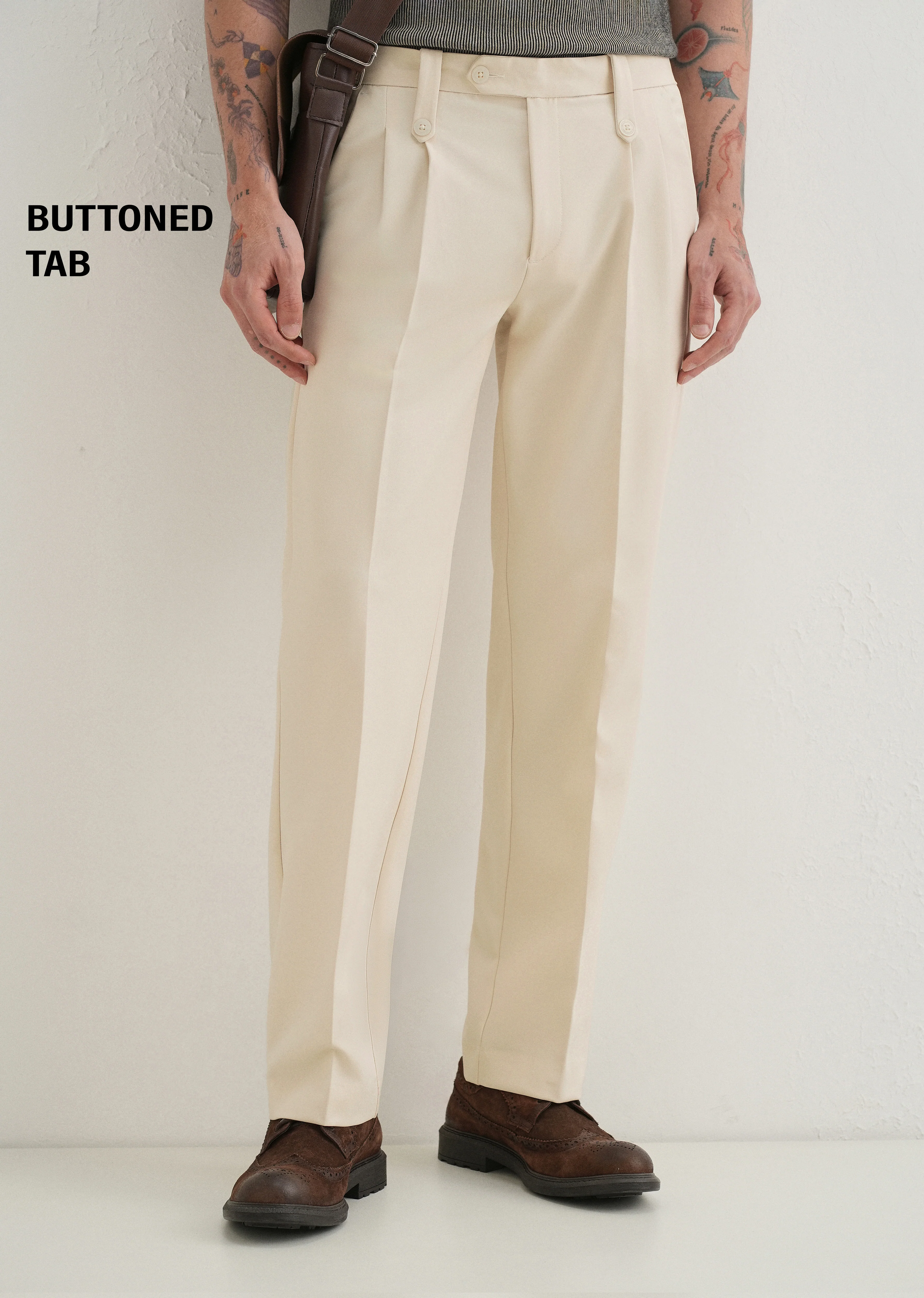 Cream Button-Tab Pleat Trouser - Image 7