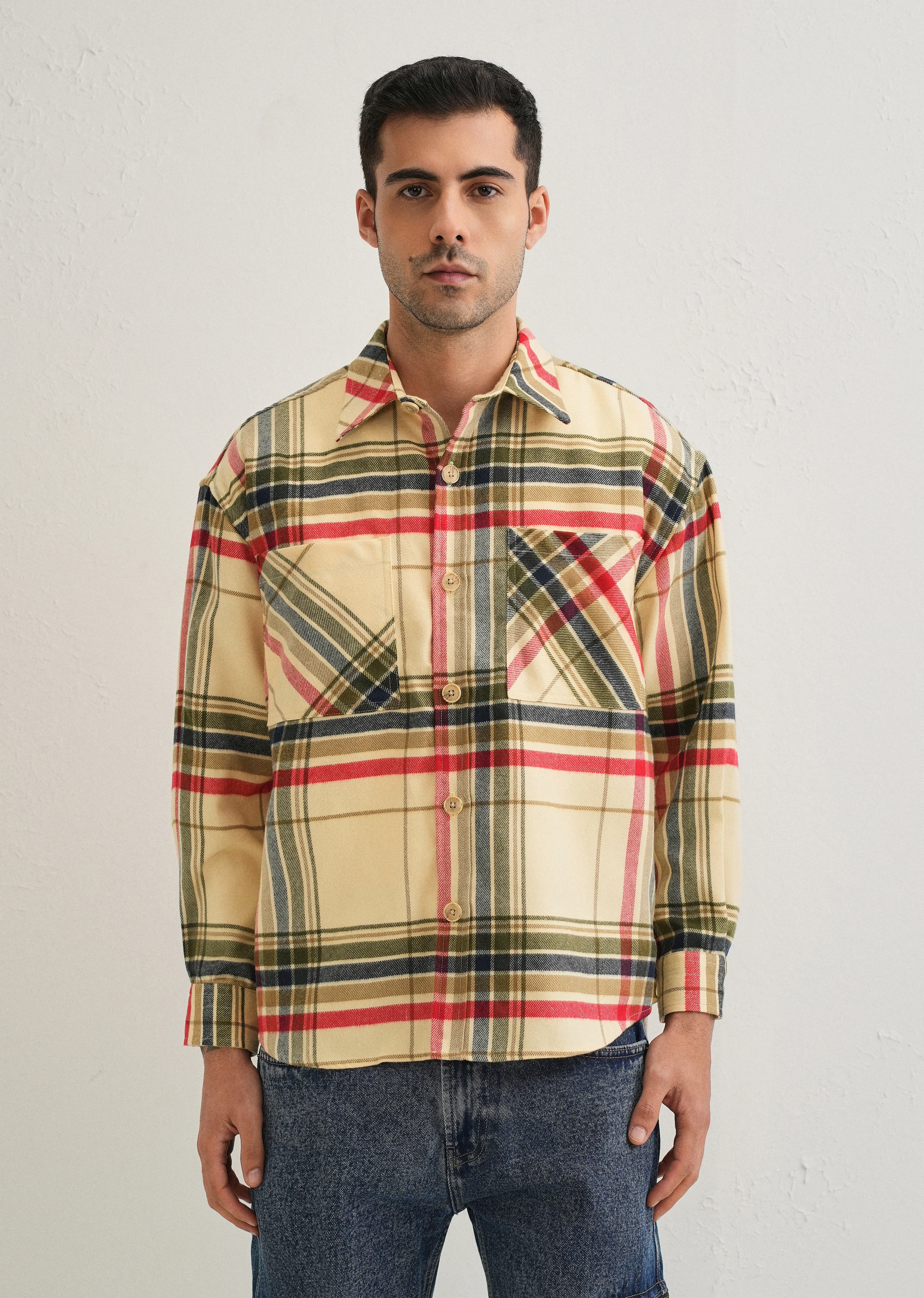 Cream Checked Relaxed Fit Shacket - Image 4