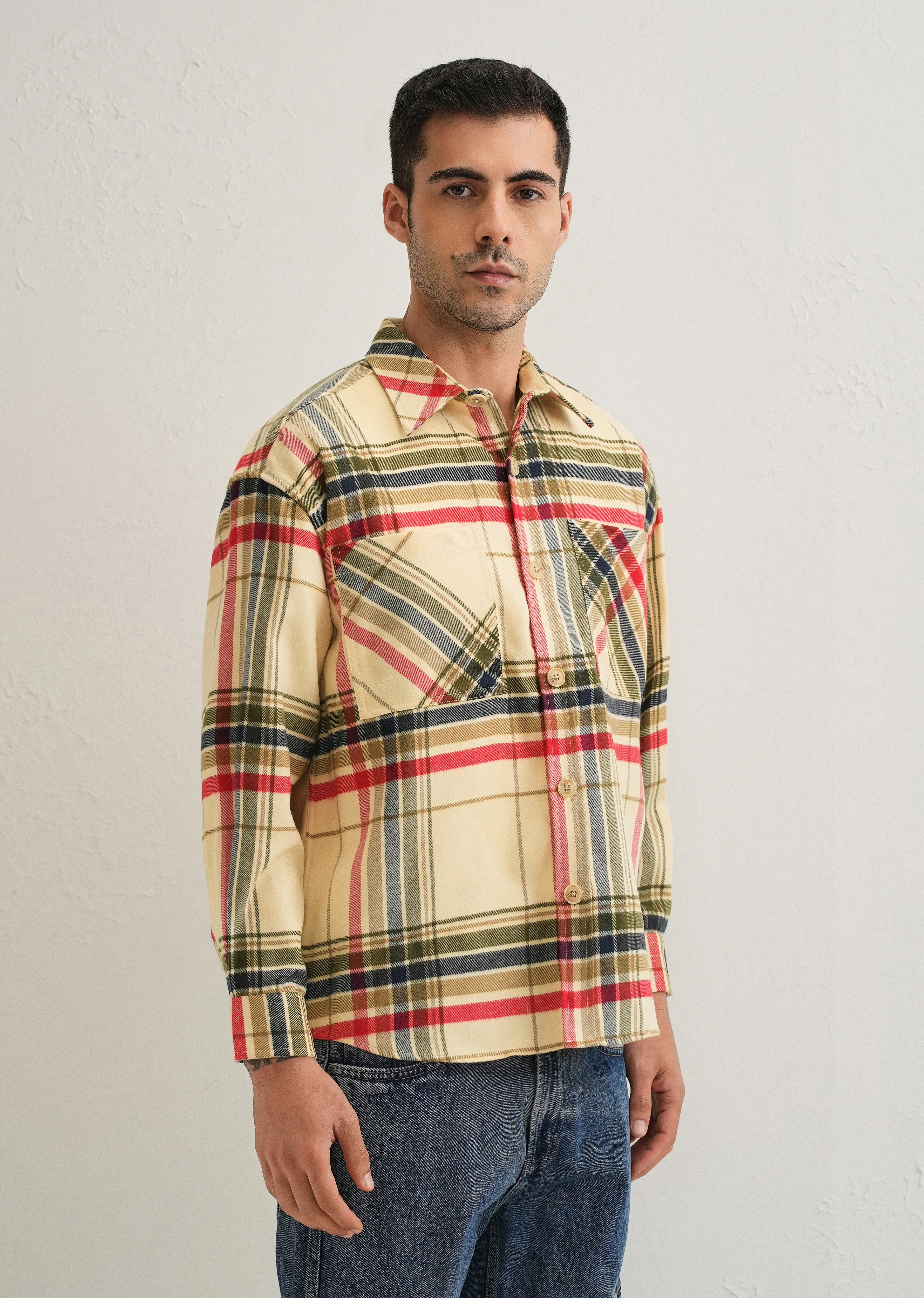 Cream Checked Relaxed Fit Shacket - Image 5
