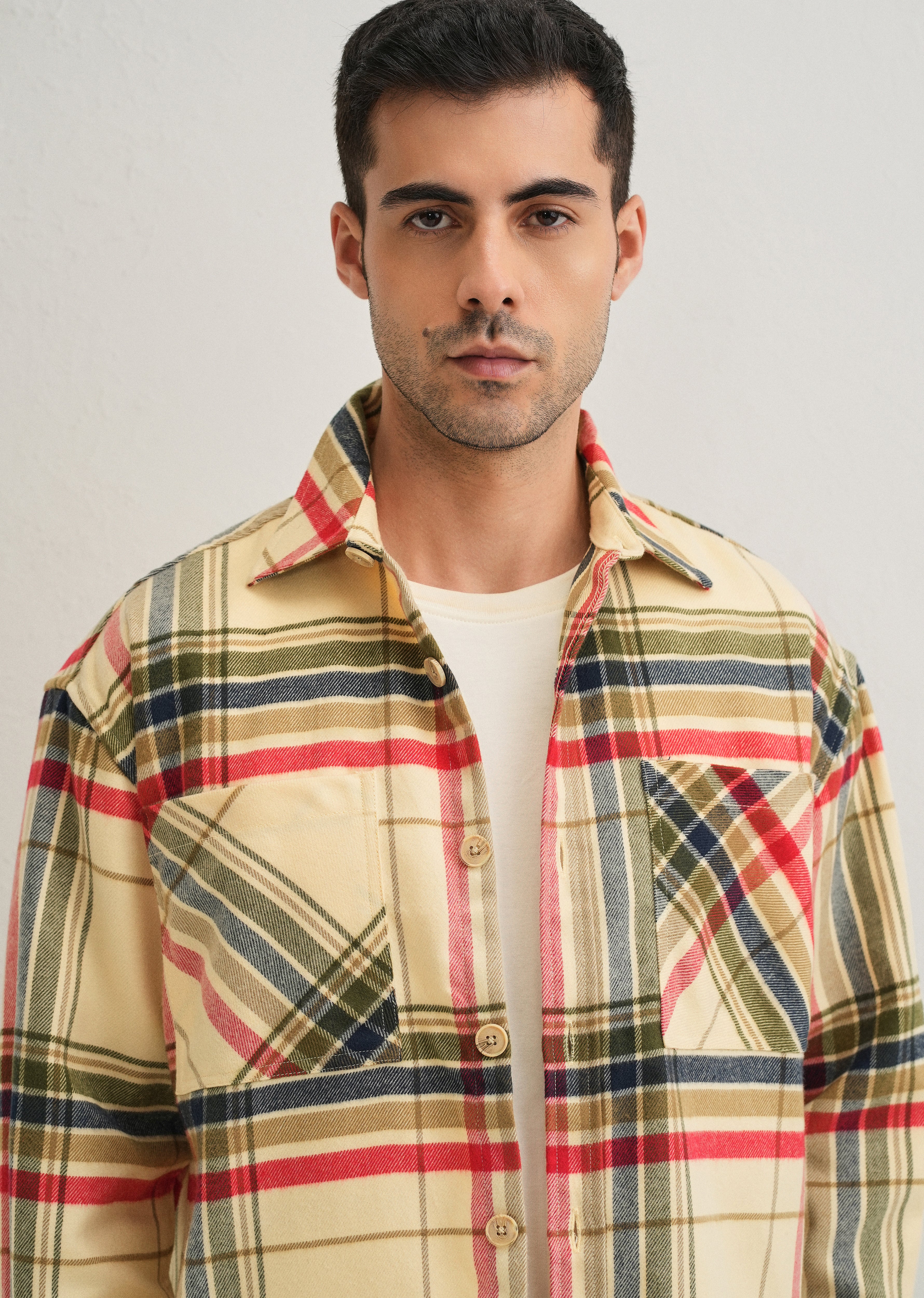 Cream Checked Relaxed Fit Shacket - Image 6