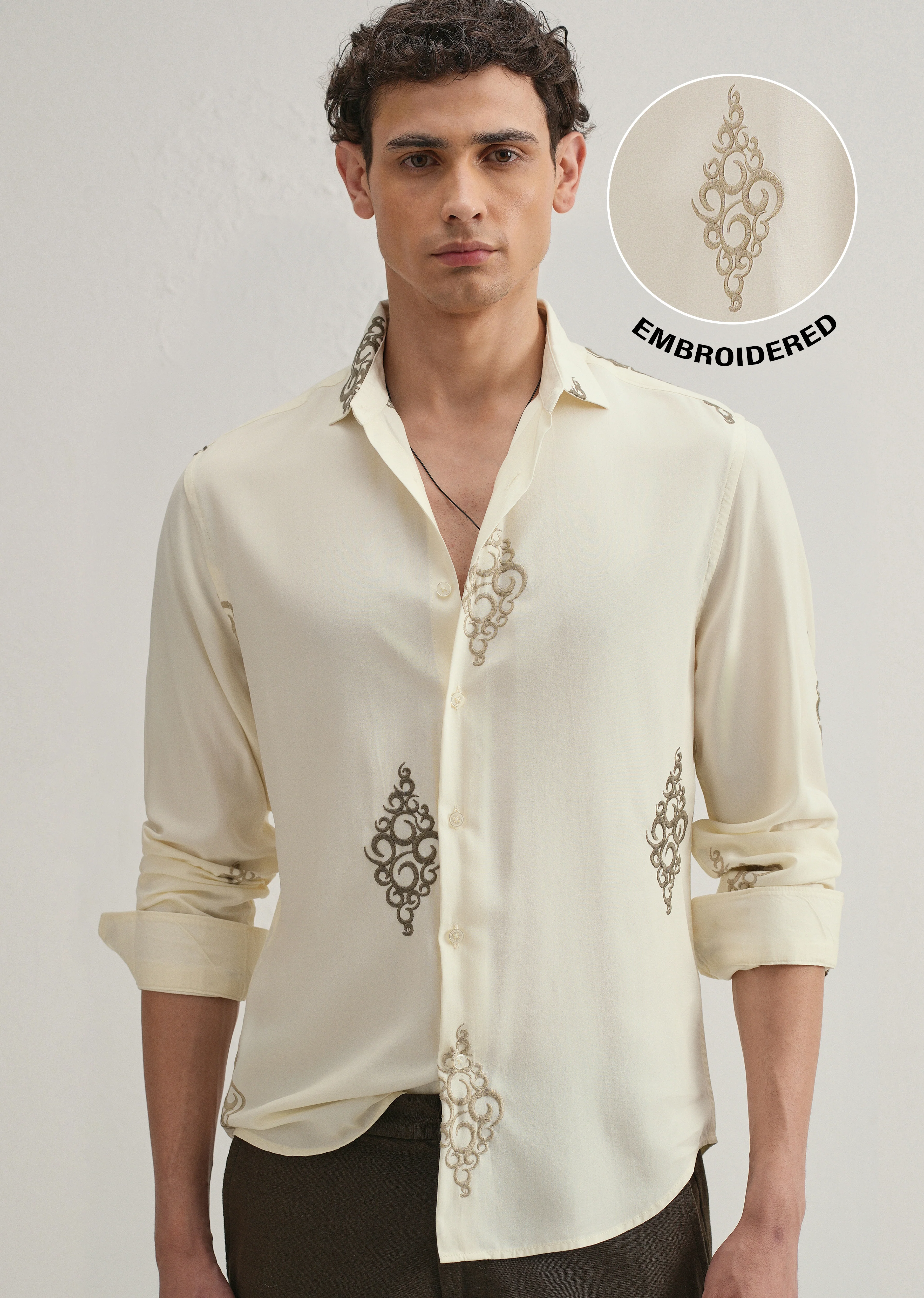 Cream Circular Motif Embroidery Shirt - Image 7