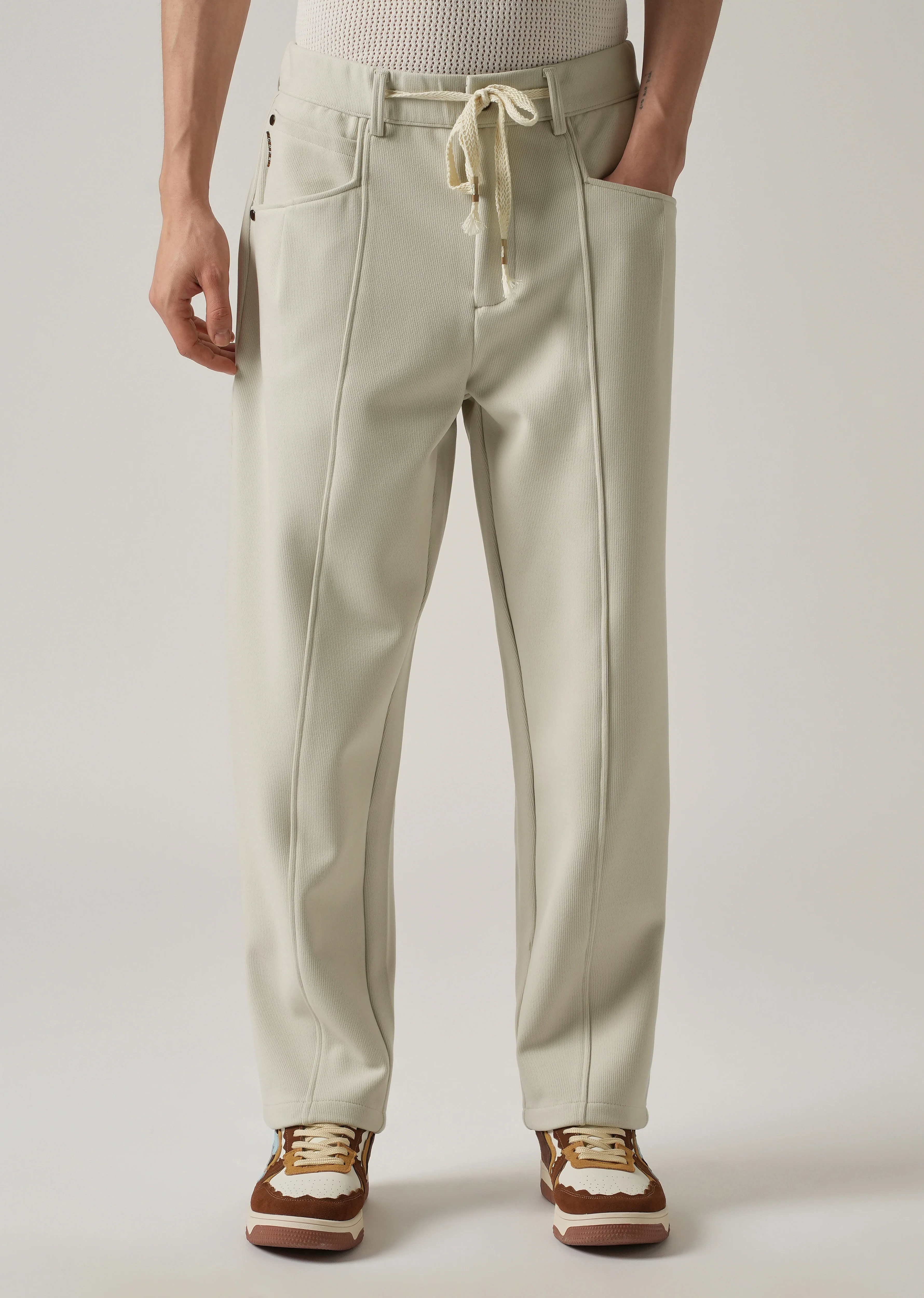 Cream Corduroy Relaxed Fit Drawstring Pant - Image 7