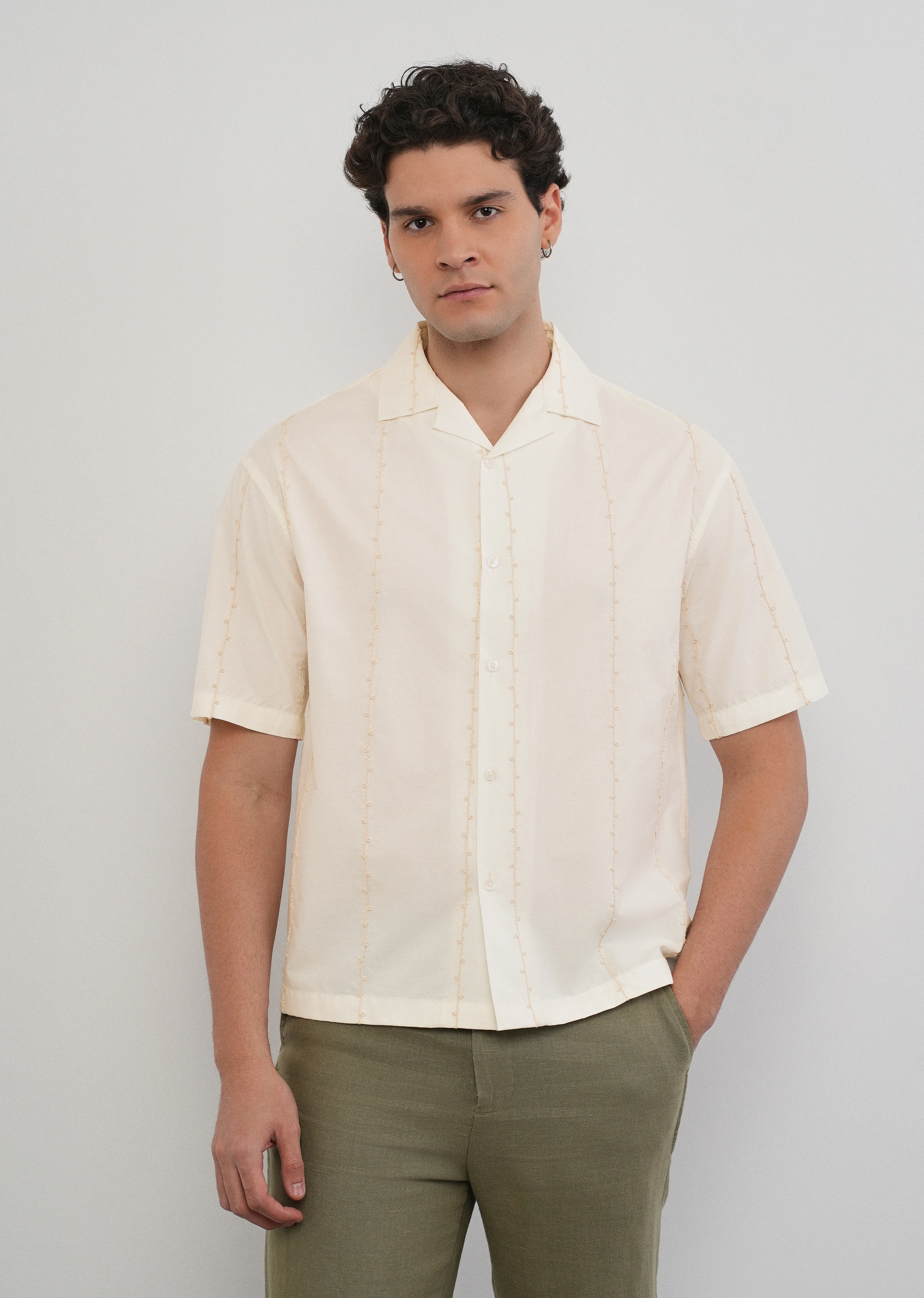 Cream Cotton Embroidery Shirt - Image 3