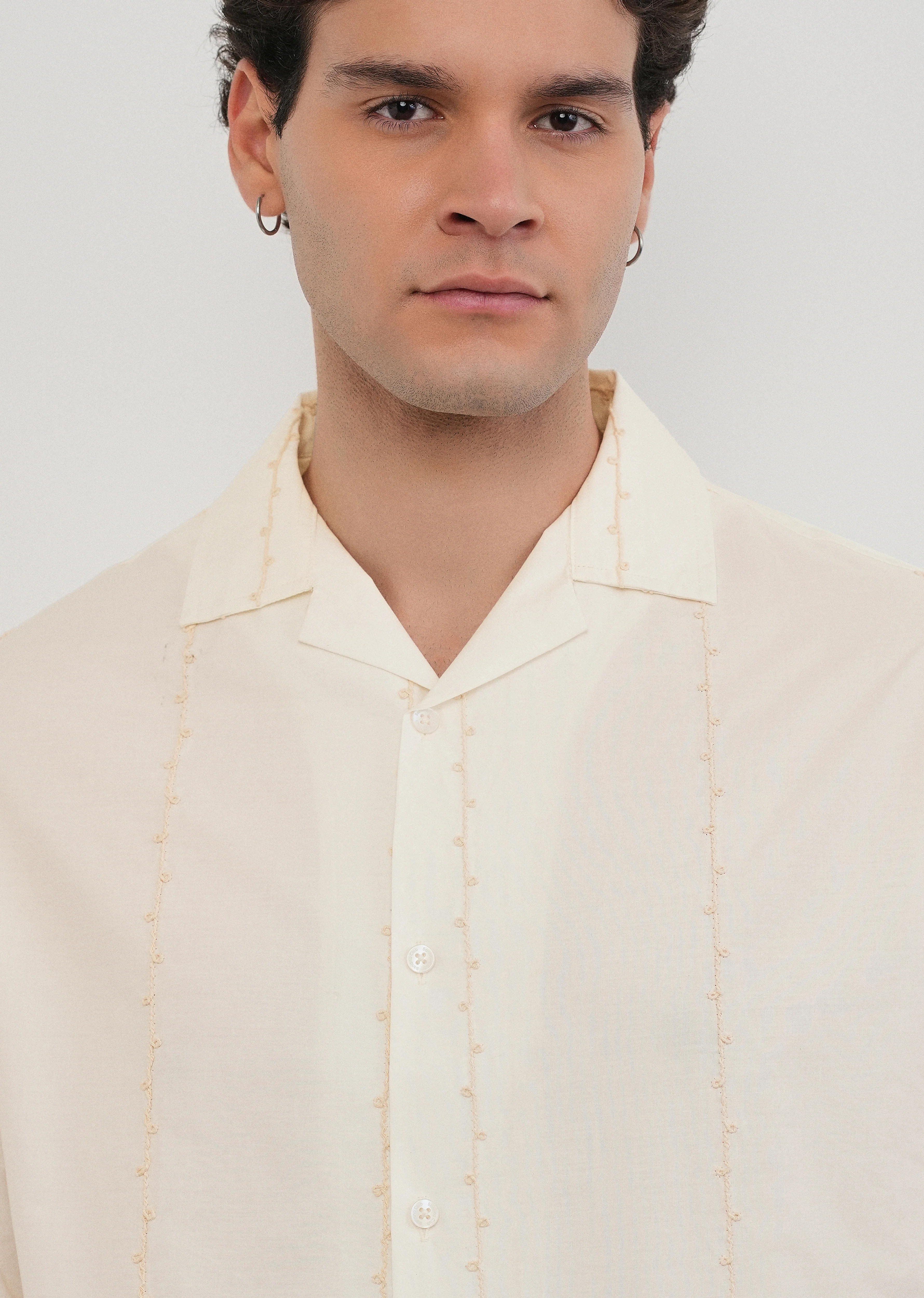 Cream Cotton Embroidery Shirt - Image 5