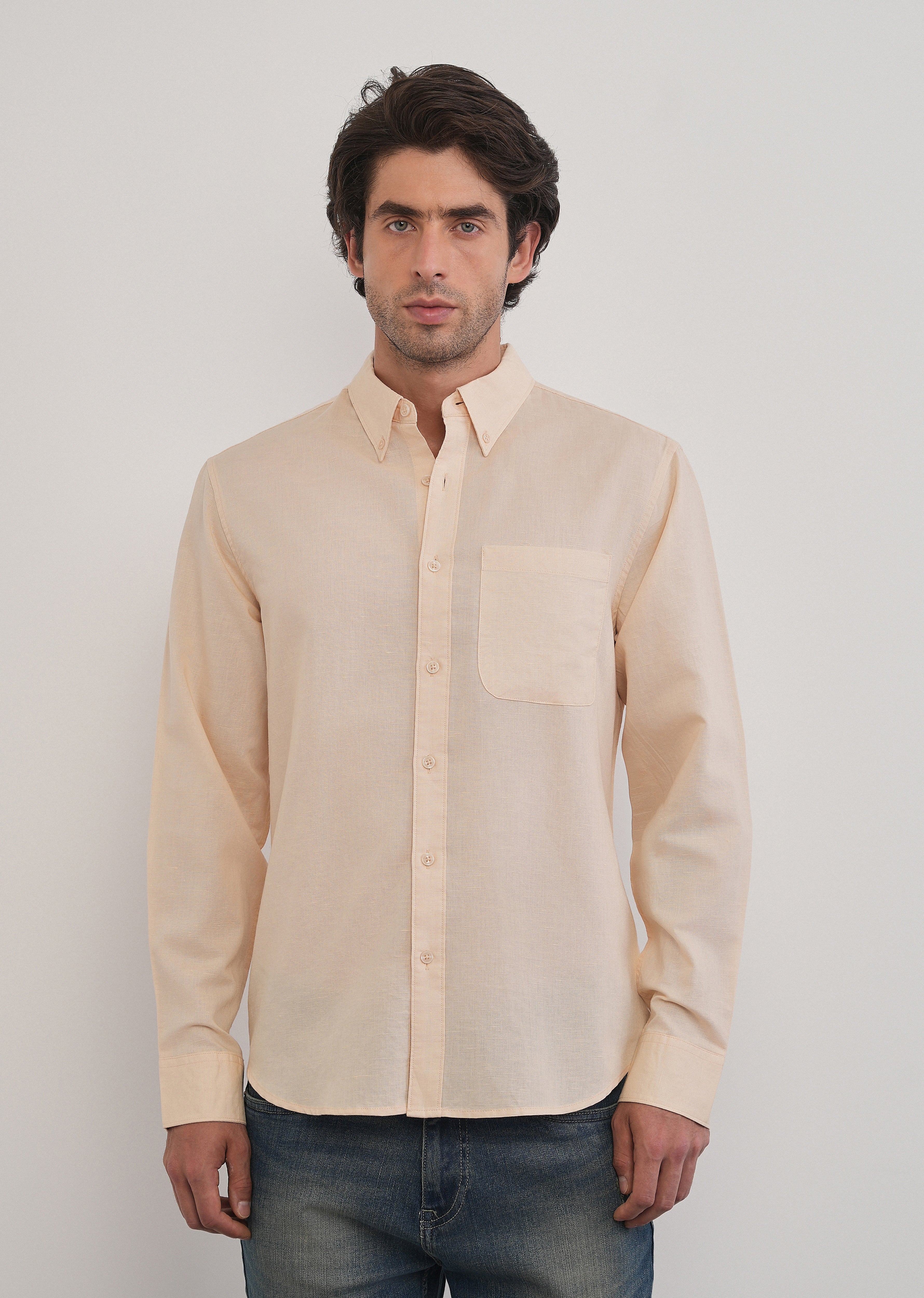 Cream Cotton Linen Plain Shirt - Image 3