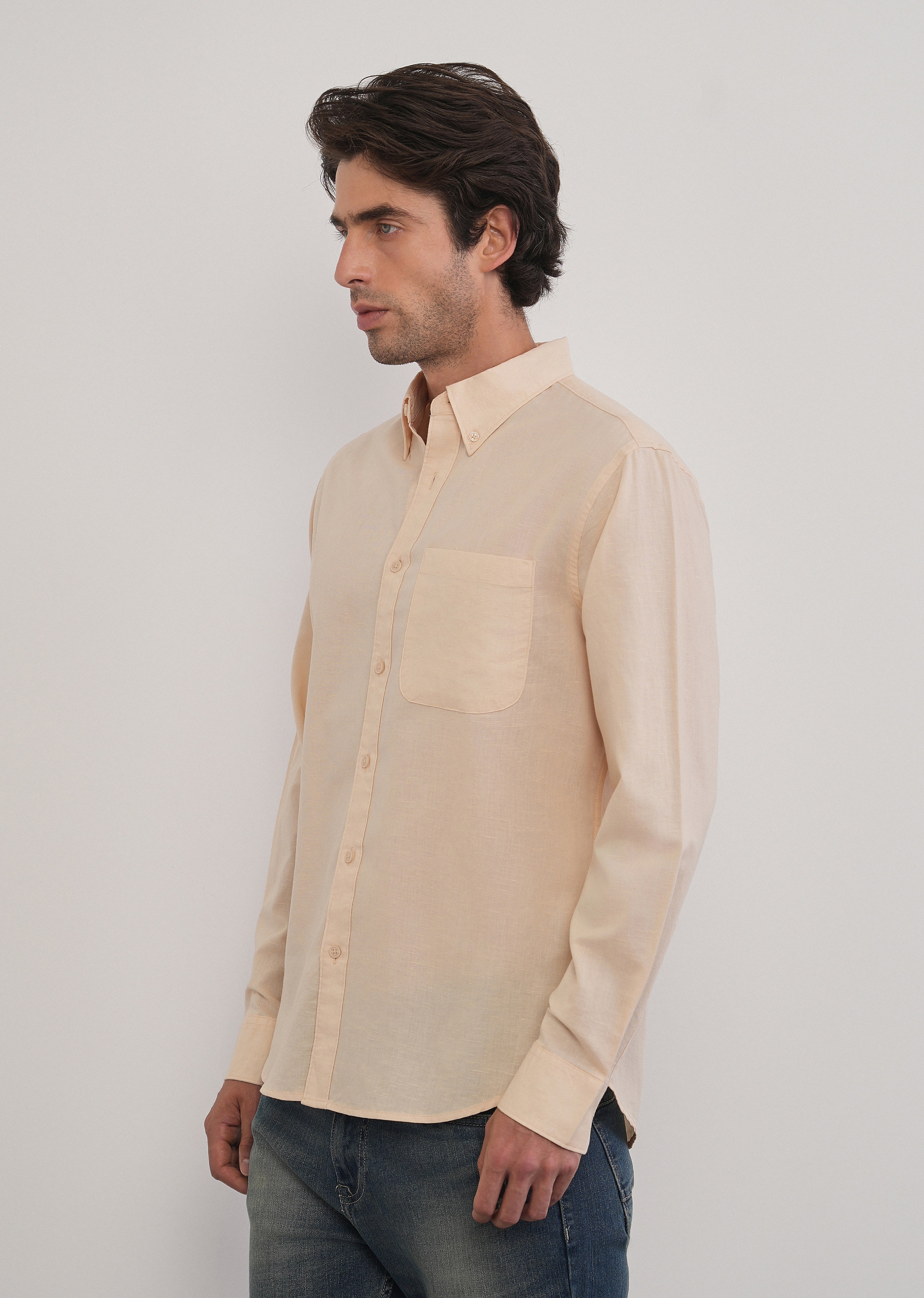 Cream Cotton Linen Plain Shirt - Image 4