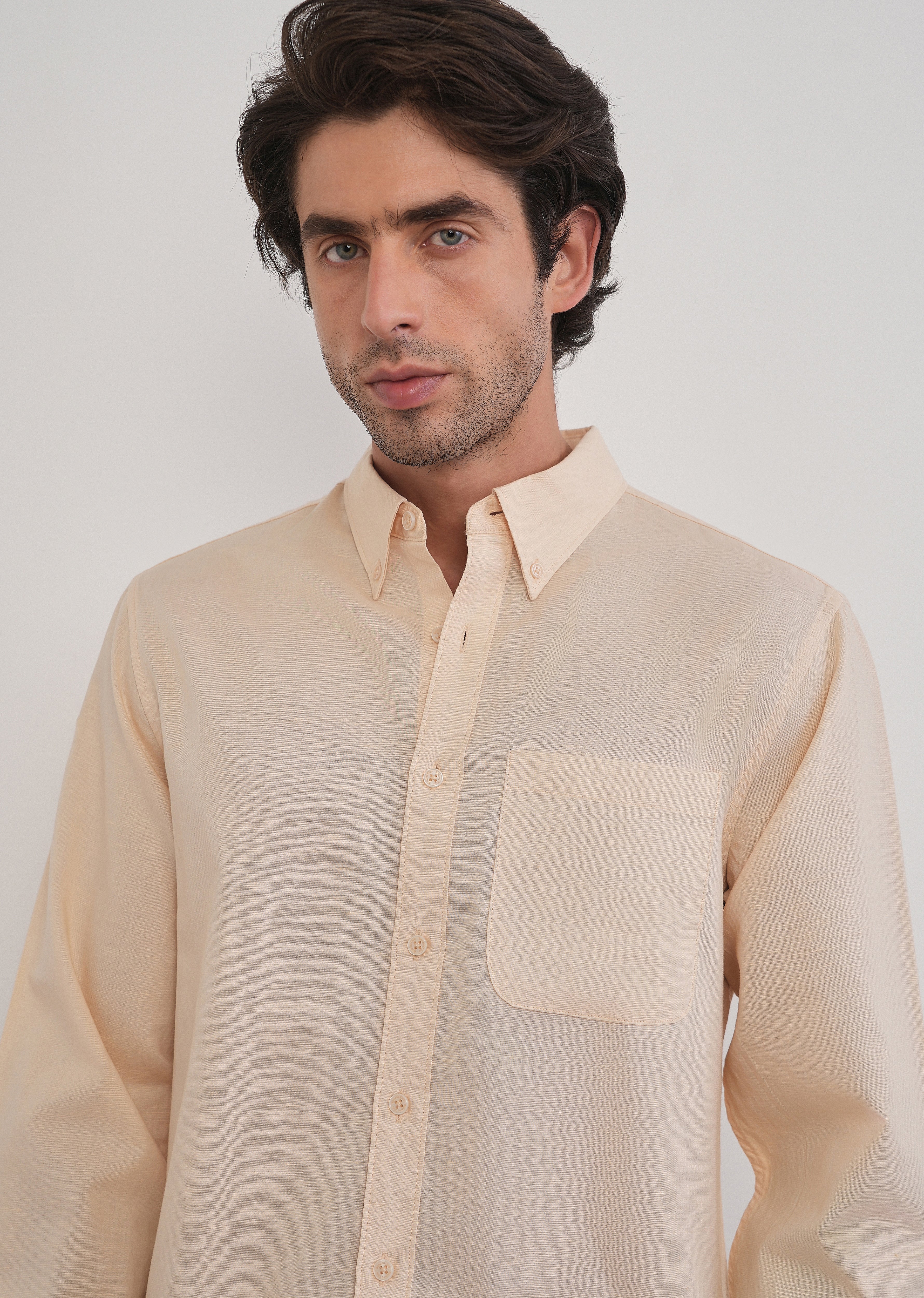 Cream Cotton Linen Plain Shirt - Image 5