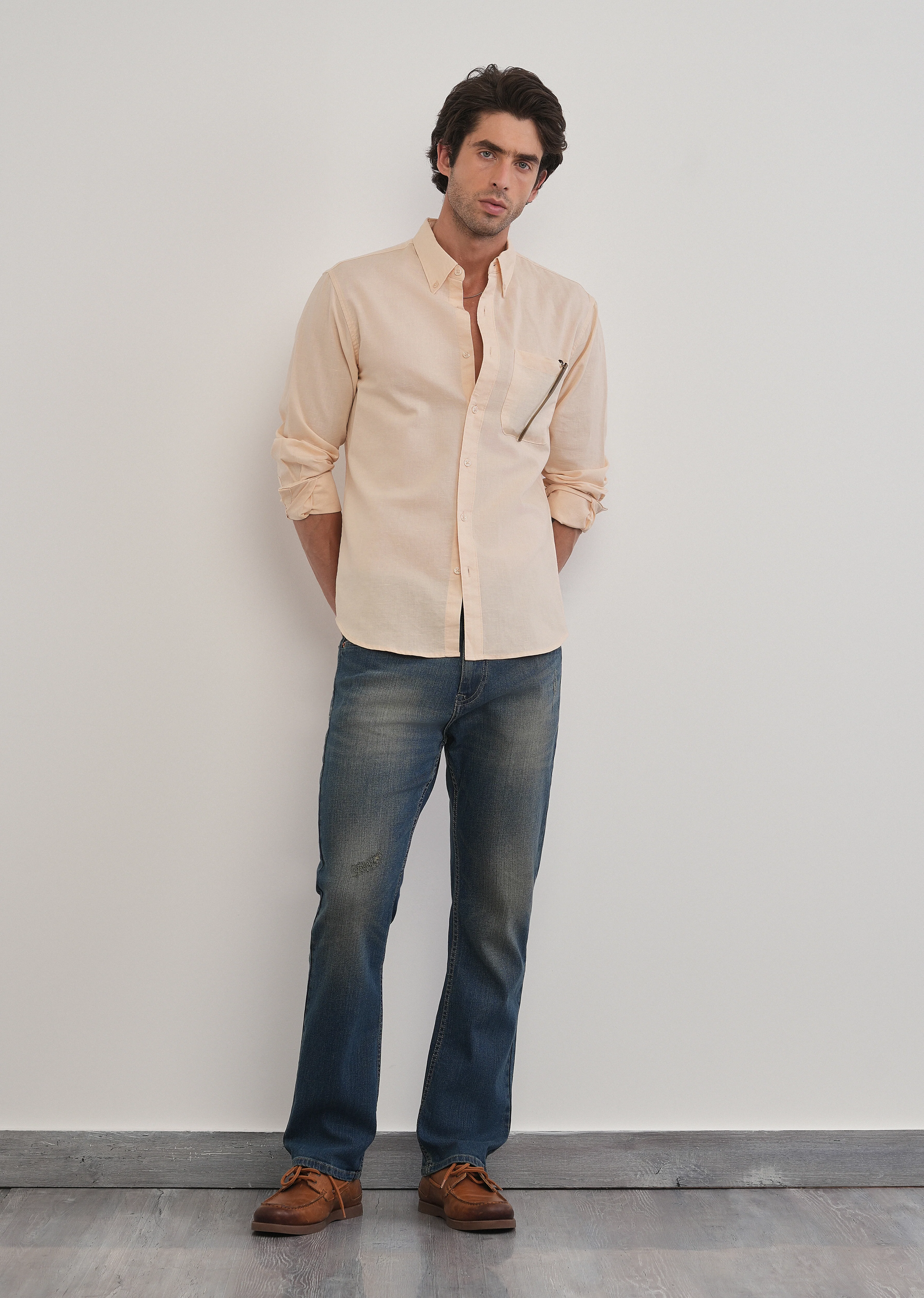 Cream Cotton Linen Plain Shirt - Image 6