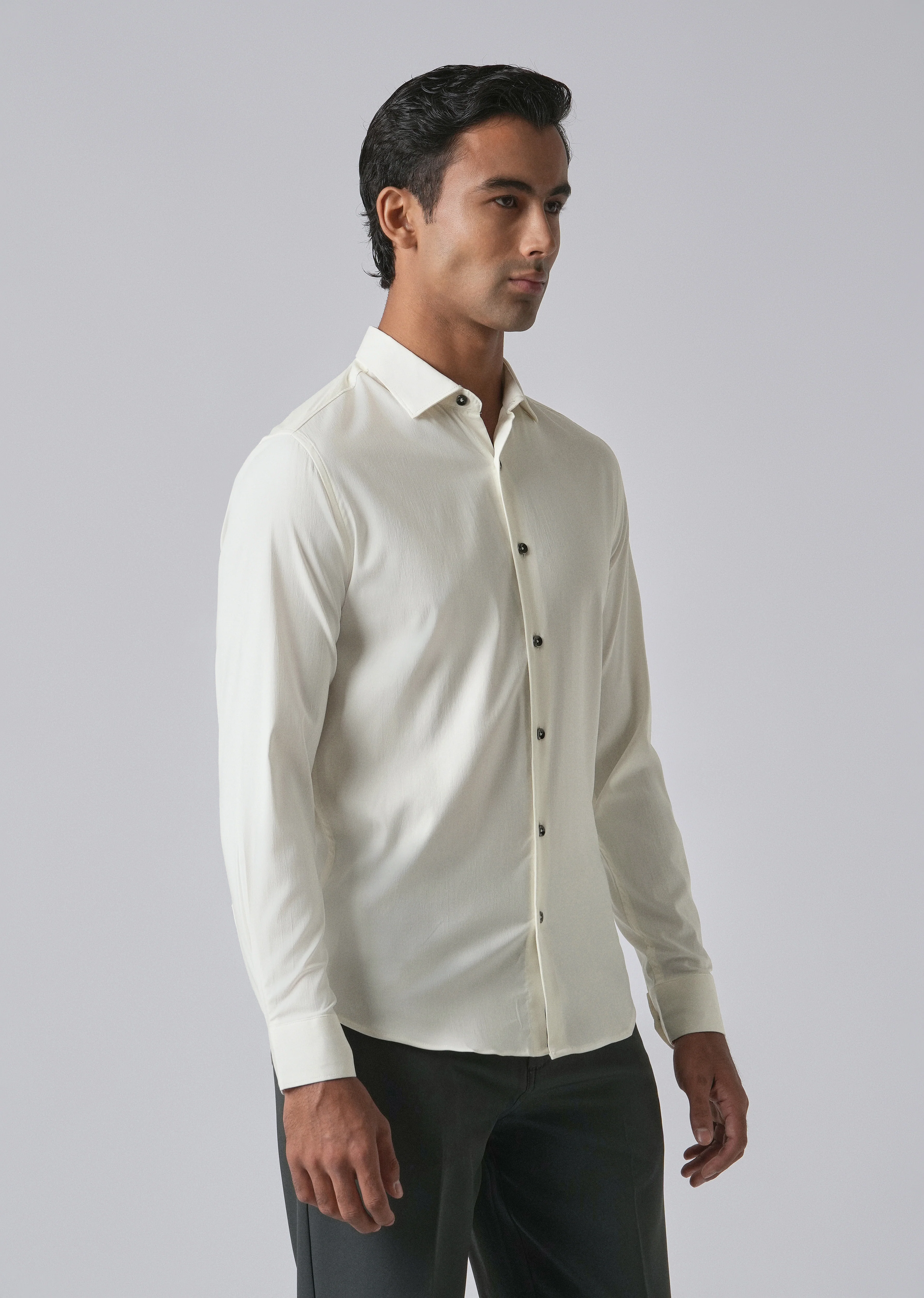 Cream Cotton Stretch Plain Shirt - Image 4