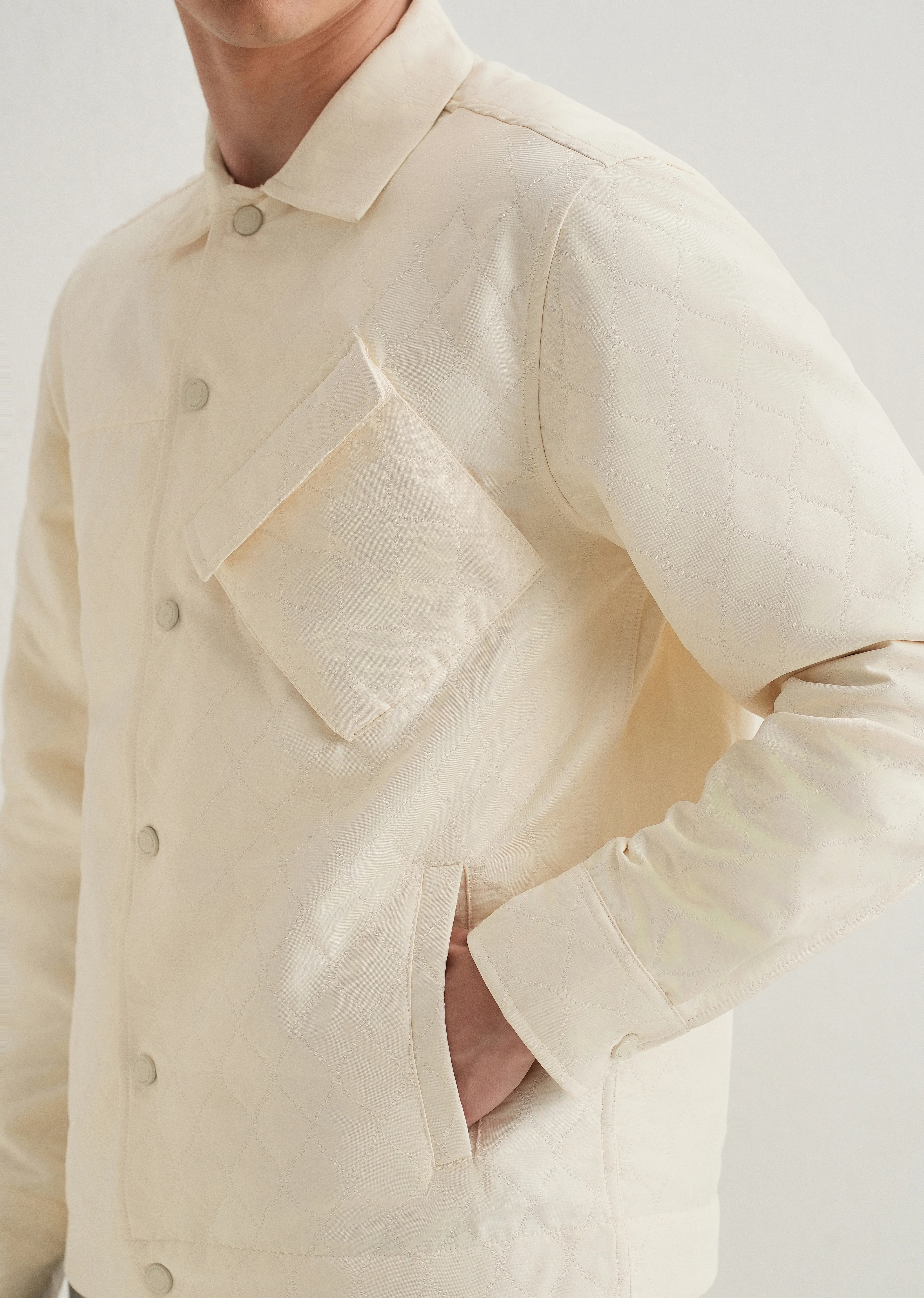 Cream Cross Pocket Self Pattern Shacket - Image 6
