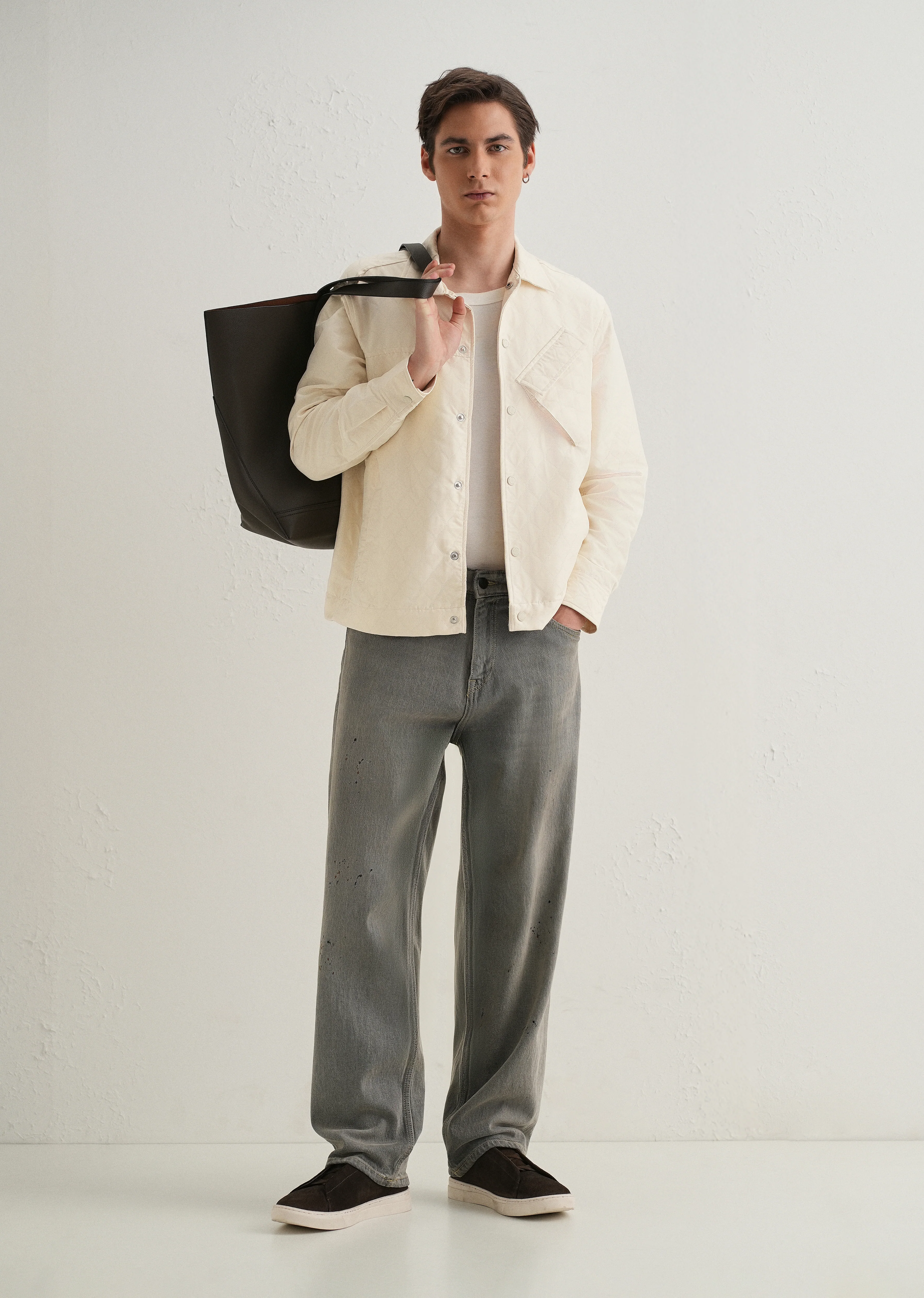 Cream Cross Pocket Self Pattern Shacket - Image 7