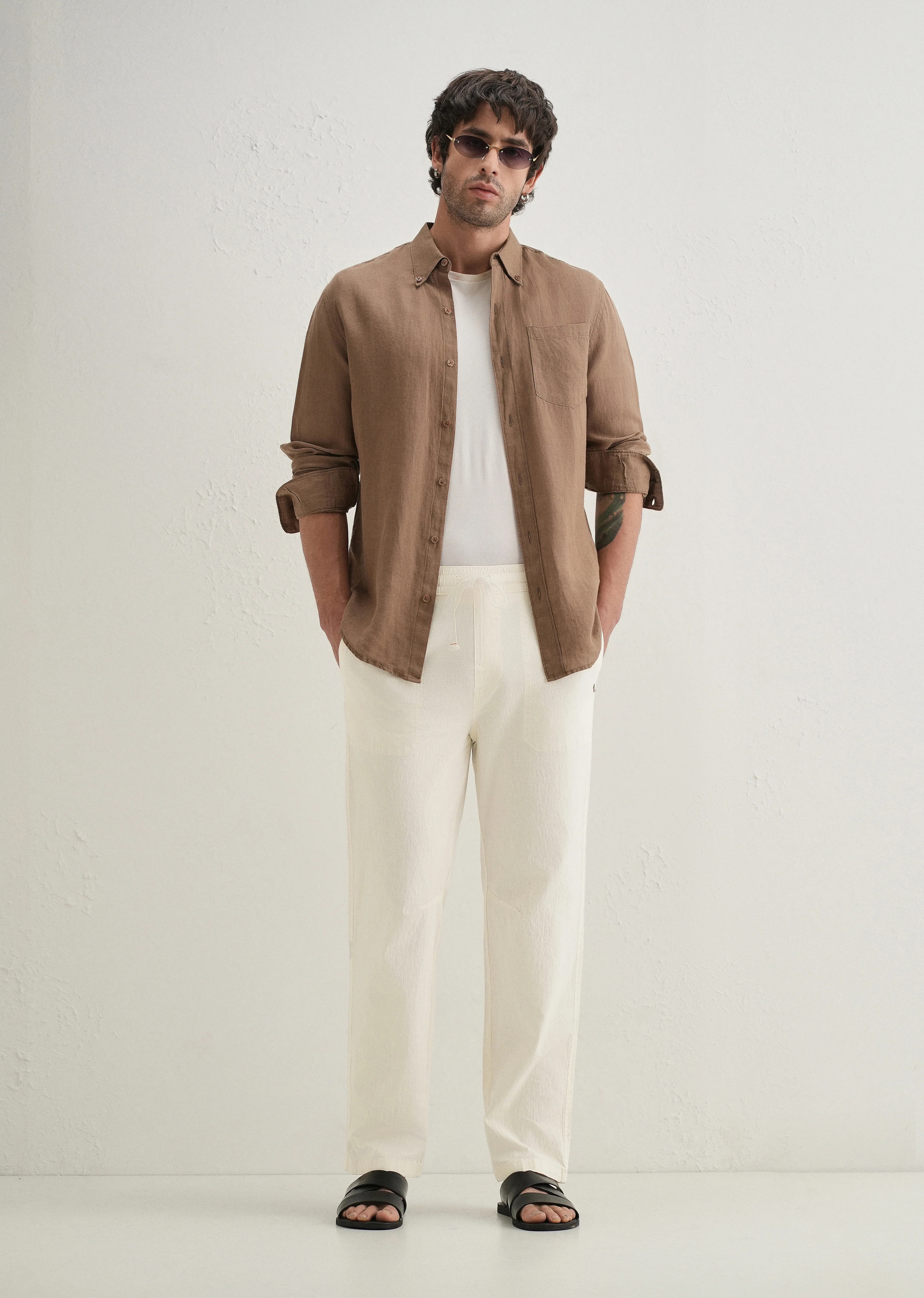 Cream Drawstring Cotton Linen Pant - Image 6