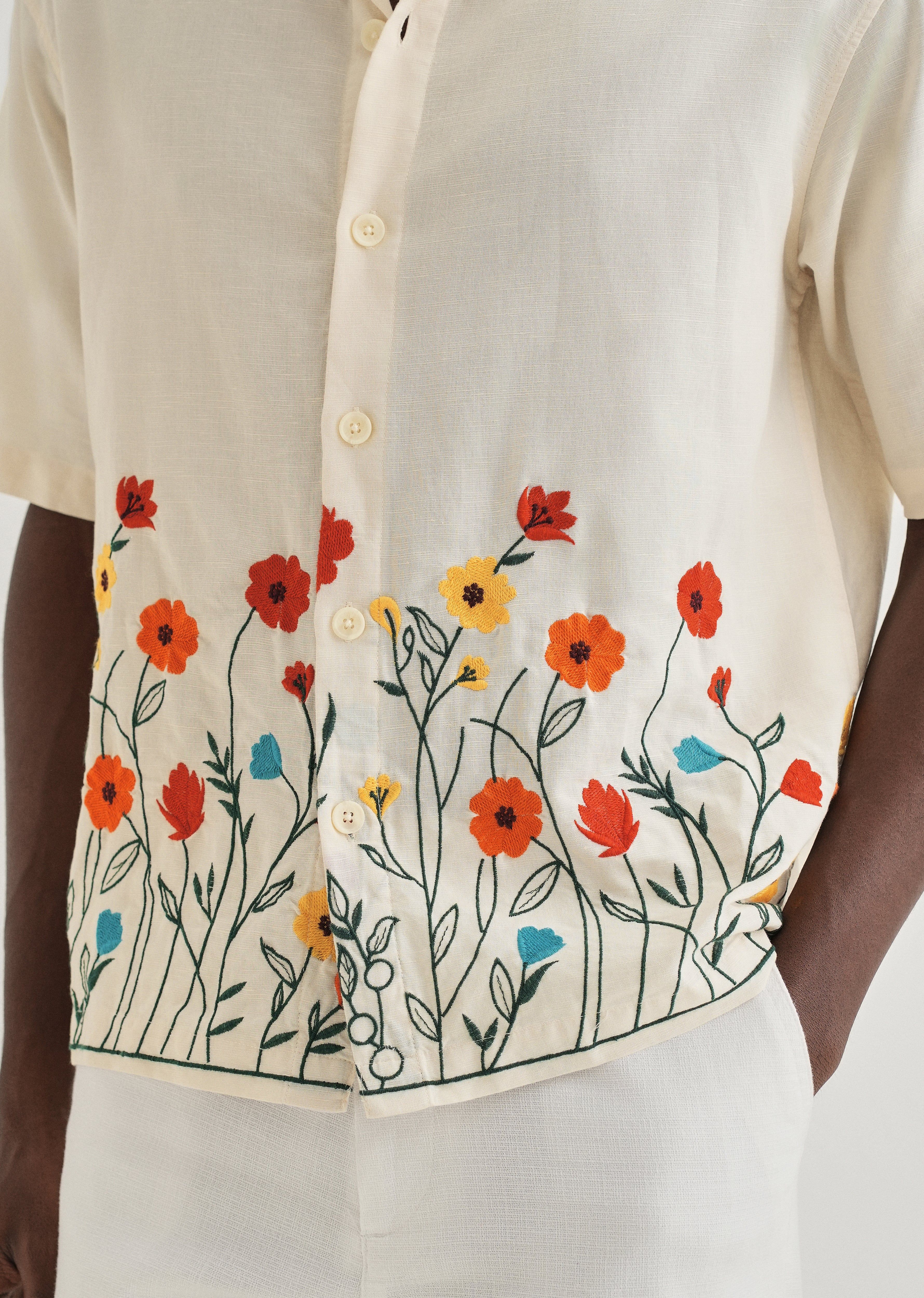 Cream Embroidered Cotton Linen Shirt - Image 2