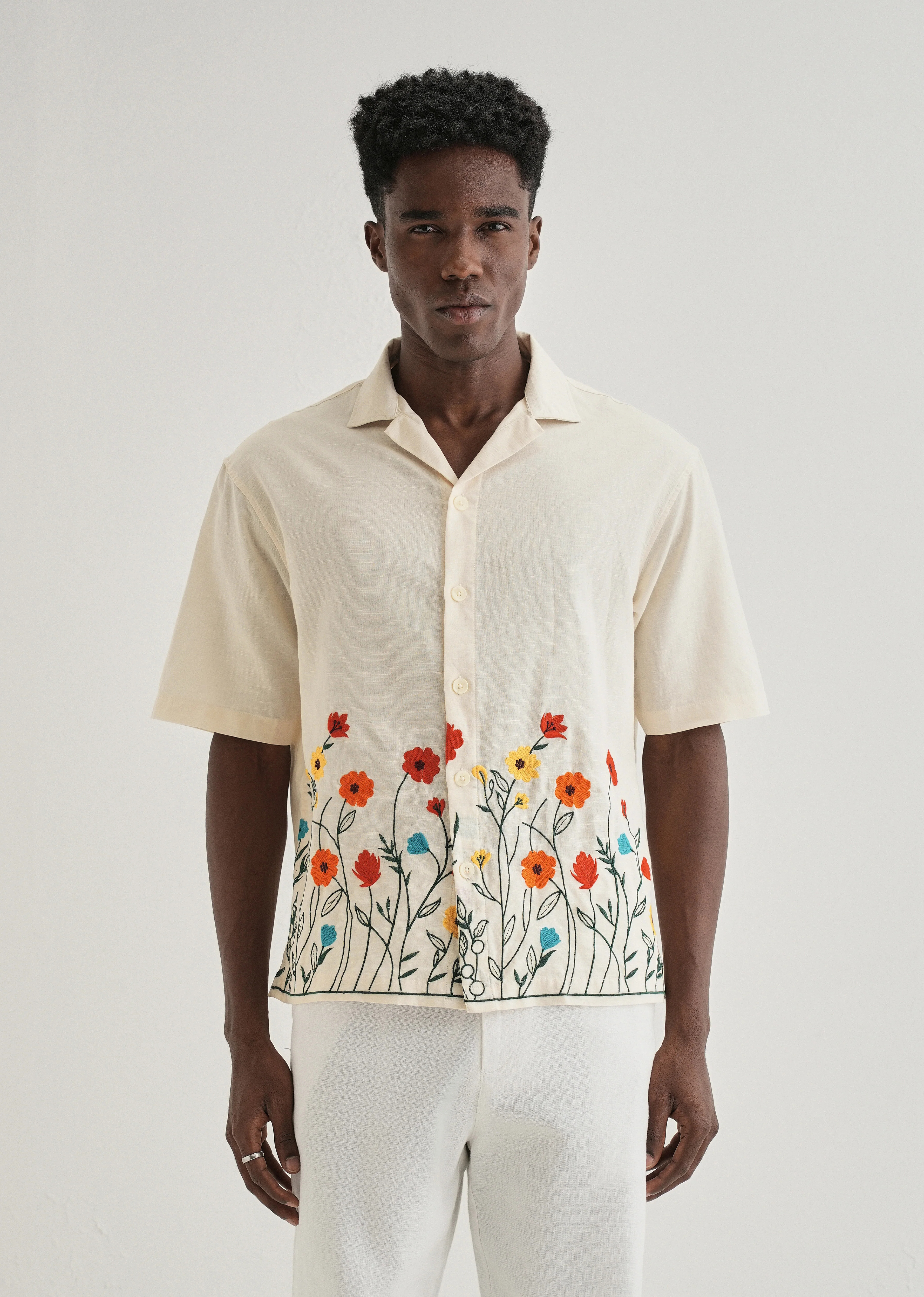 Cream Embroidered Cotton Linen Shirt - Image 4