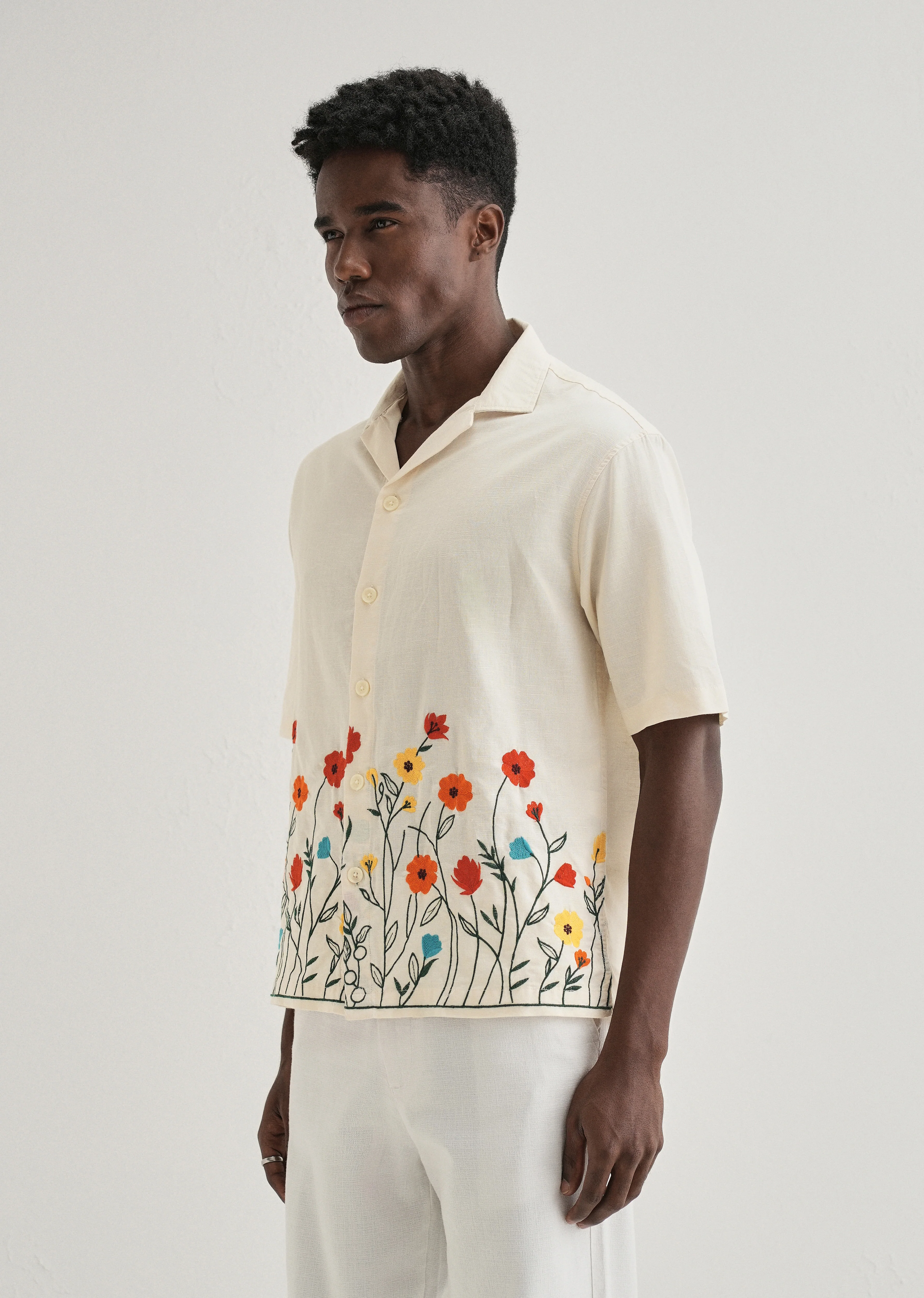 Cream Embroidered Cotton Linen Shirt - Image 5