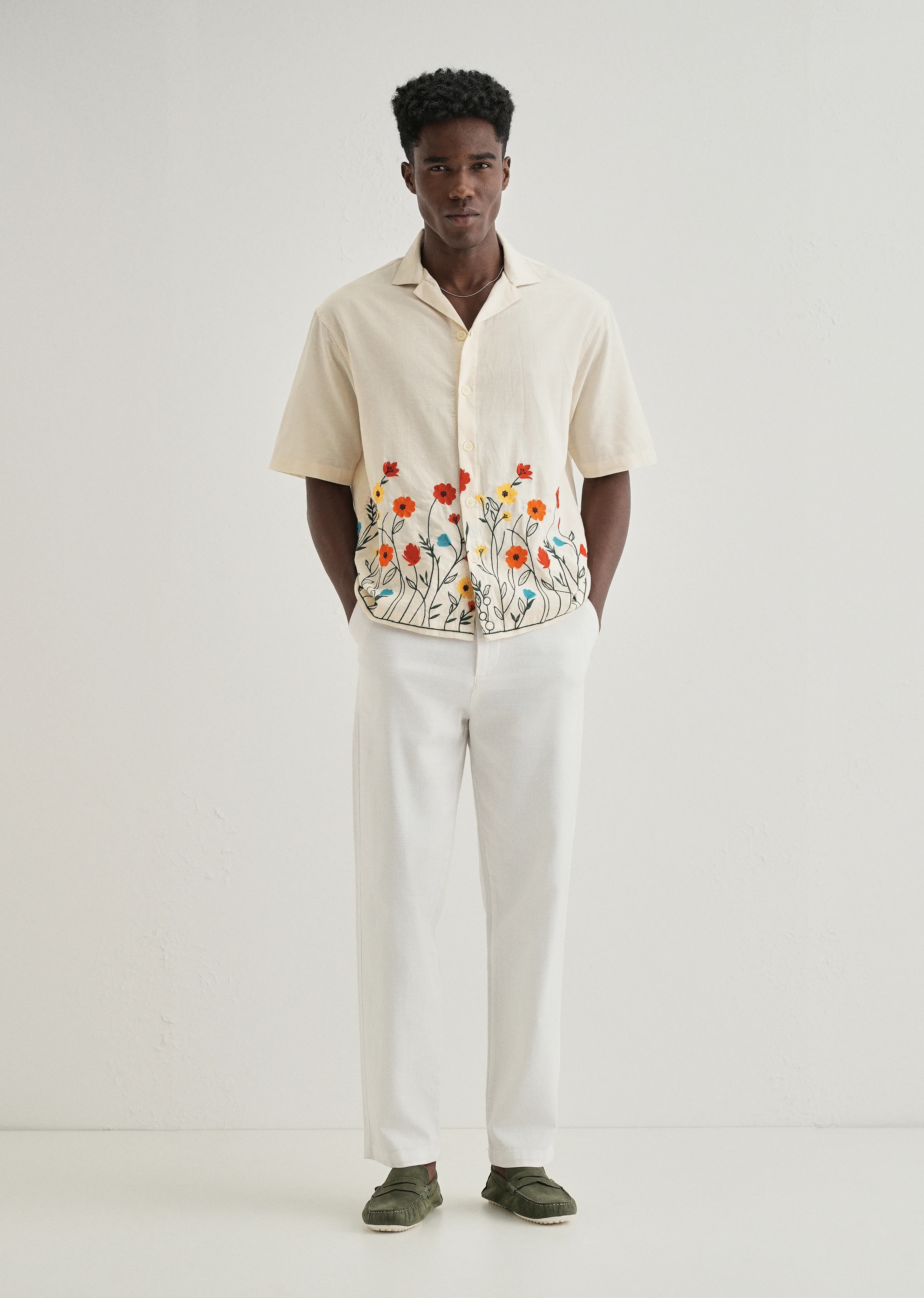 Cream Embroidered Cotton Linen Shirt - Image 6