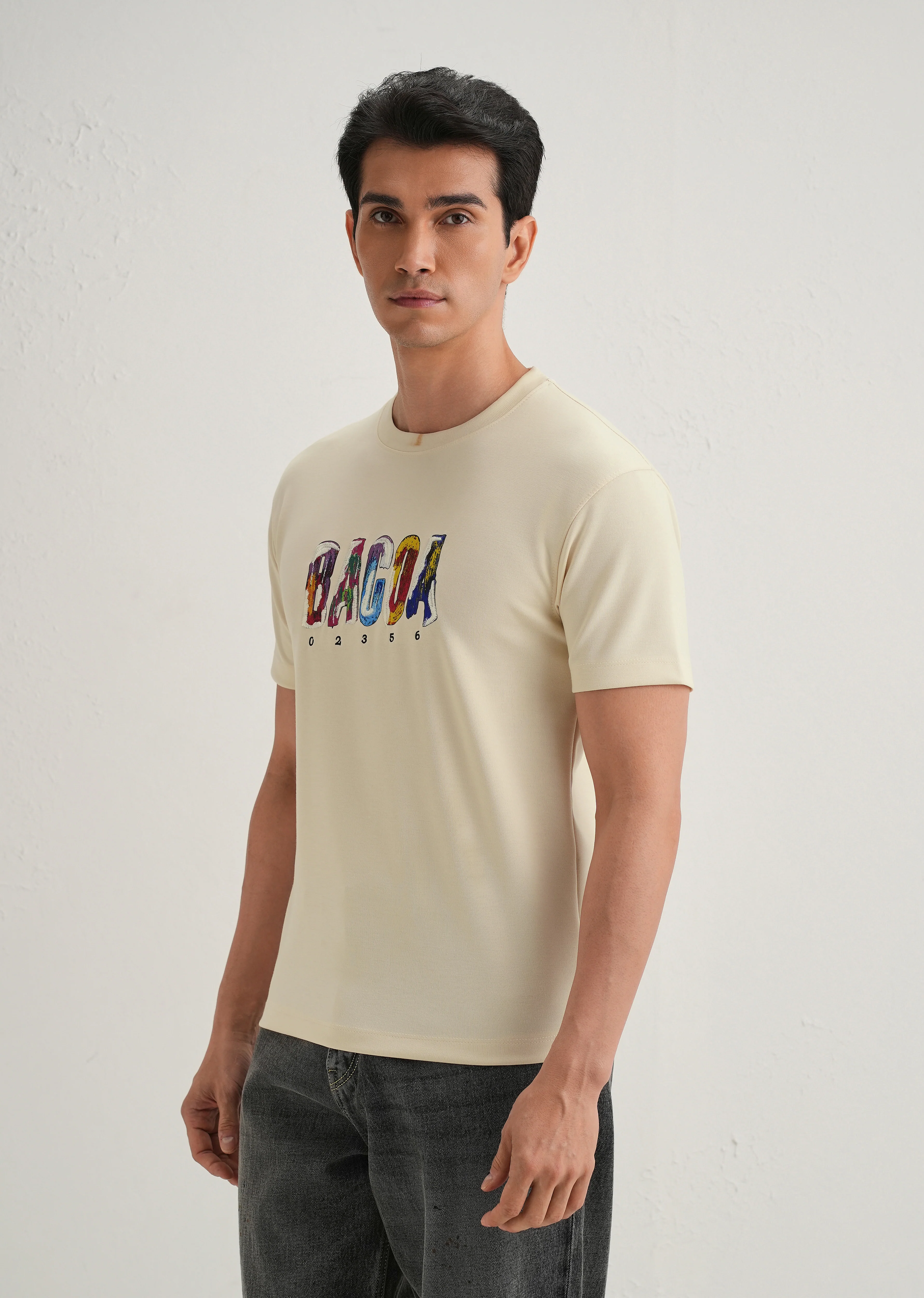Cream Embroidered Graphic Print T-Shirt - Image 5