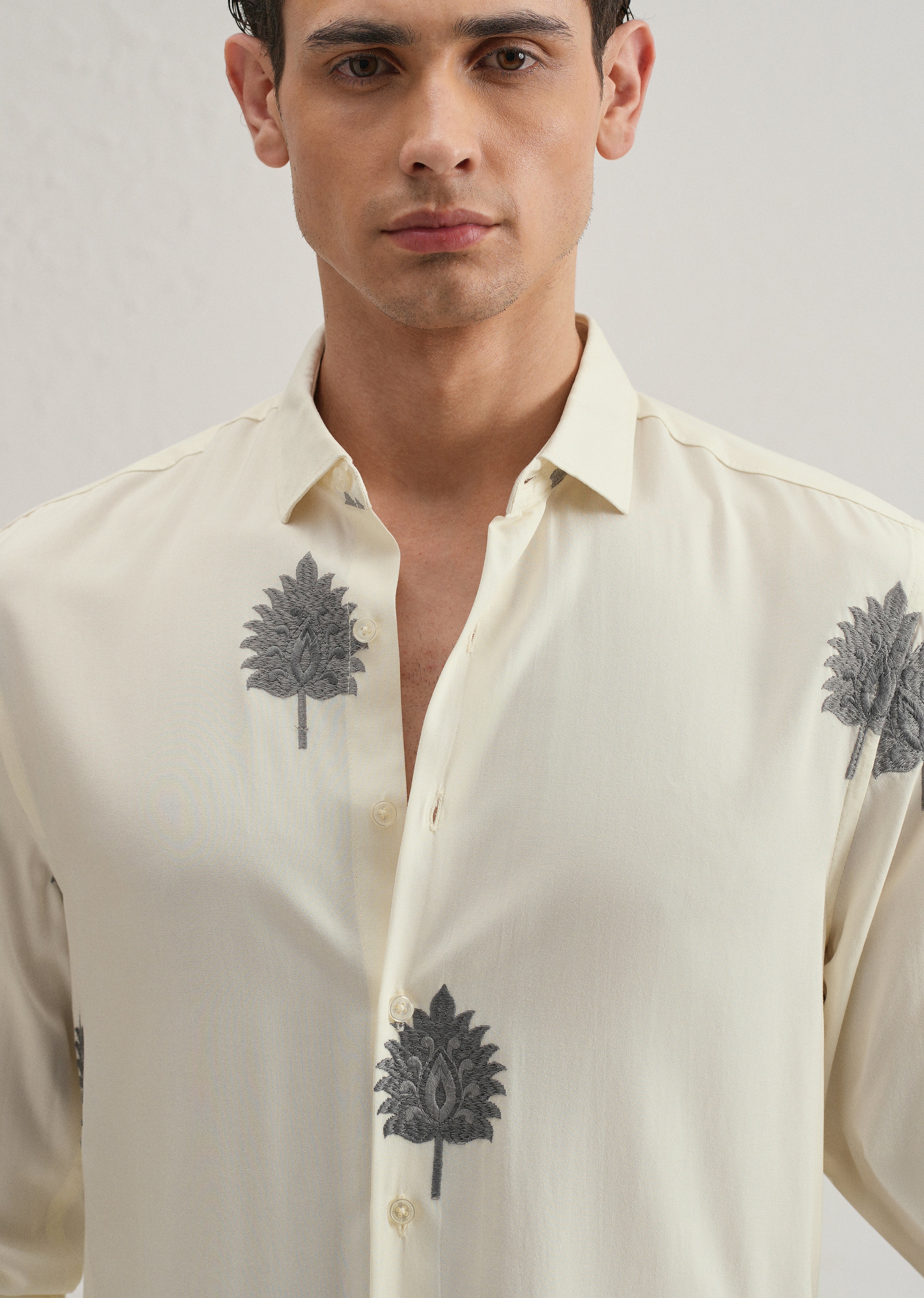 Cream Ethnic Motif Embroidery Shirt - Image 2