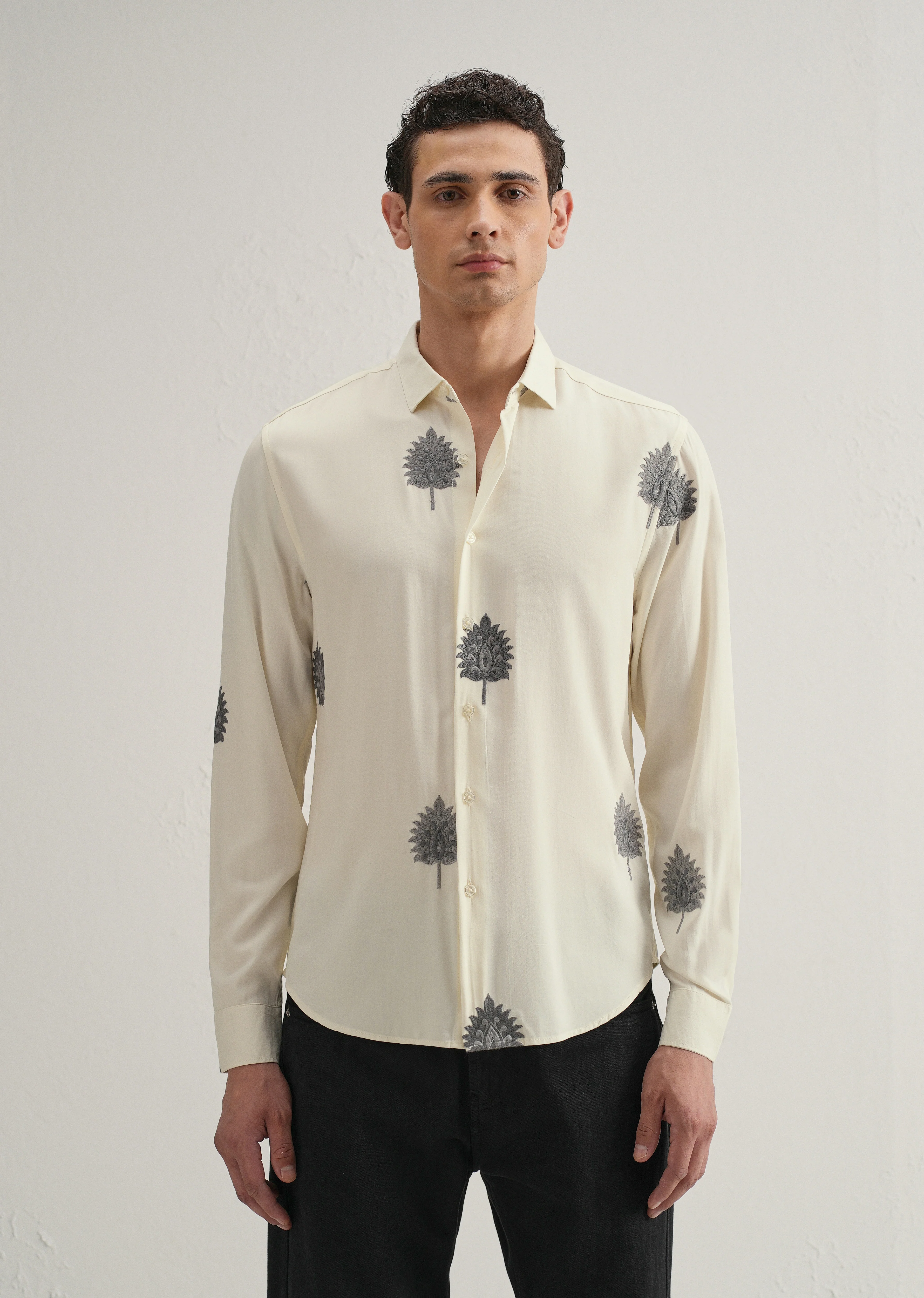 Cream Ethnic Motif Embroidery Shirt - Image 4
