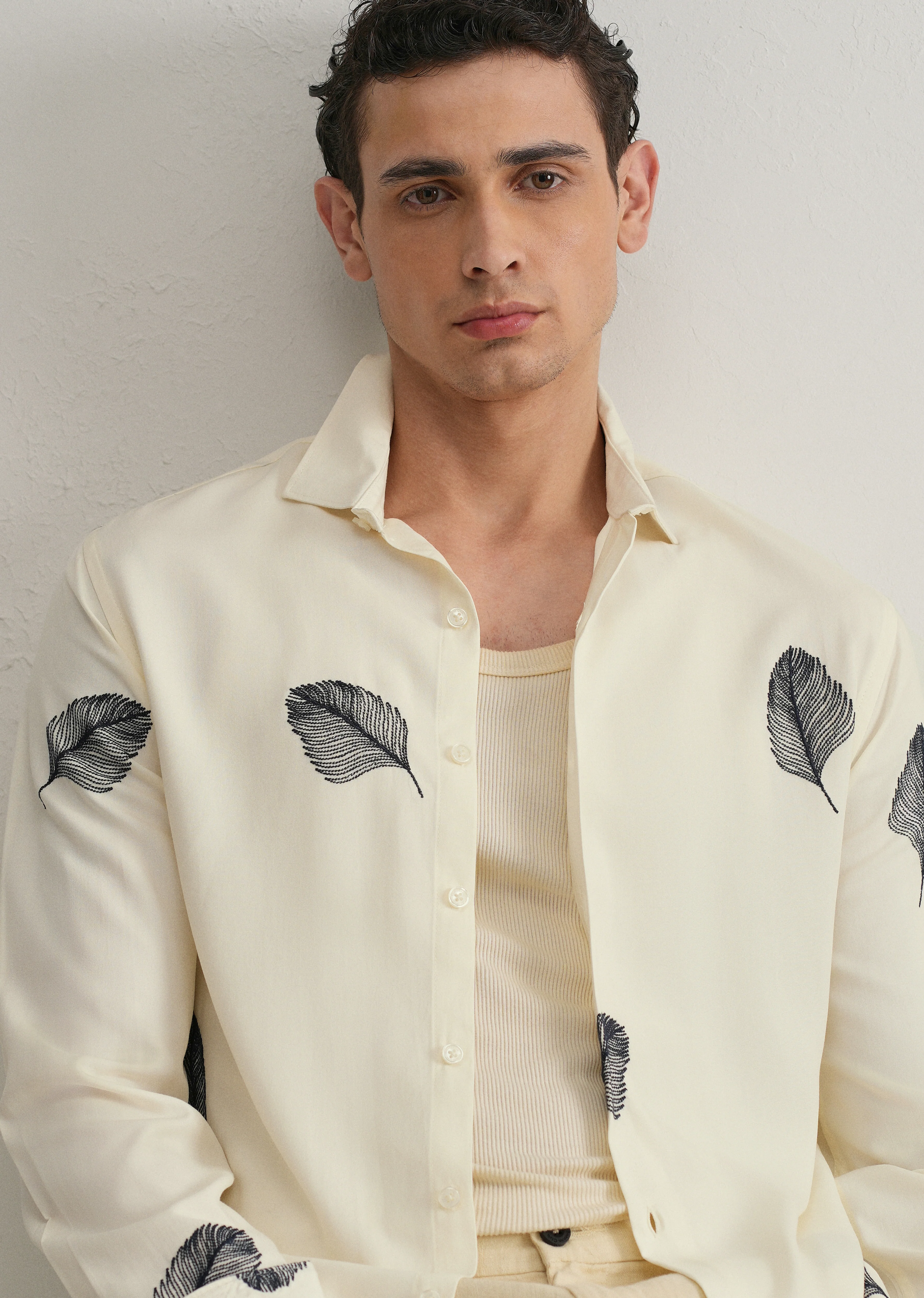 Cream Feather Embroidery Shirt - Image 2