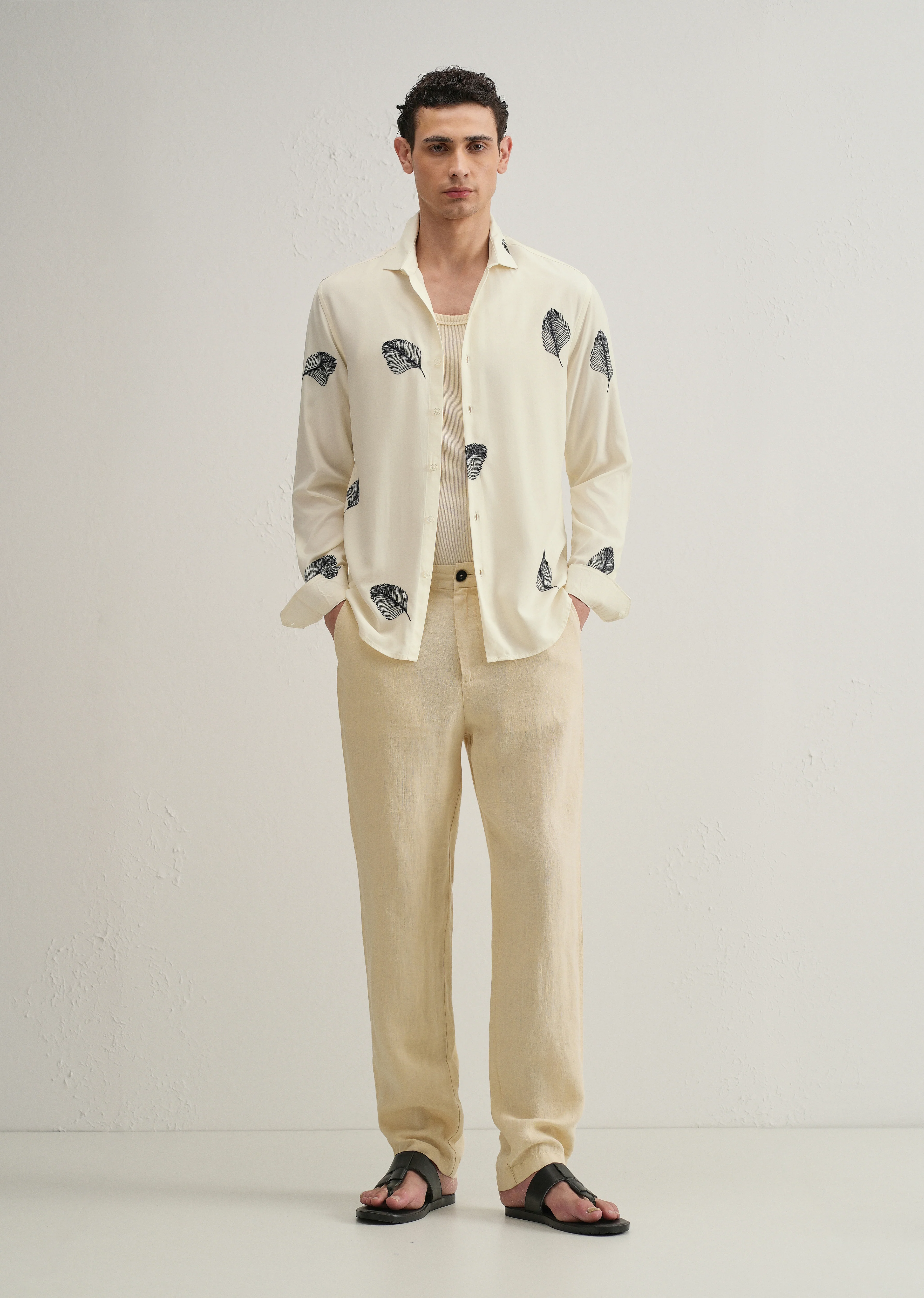 Cream Feather Embroidery Shirt - Image 6