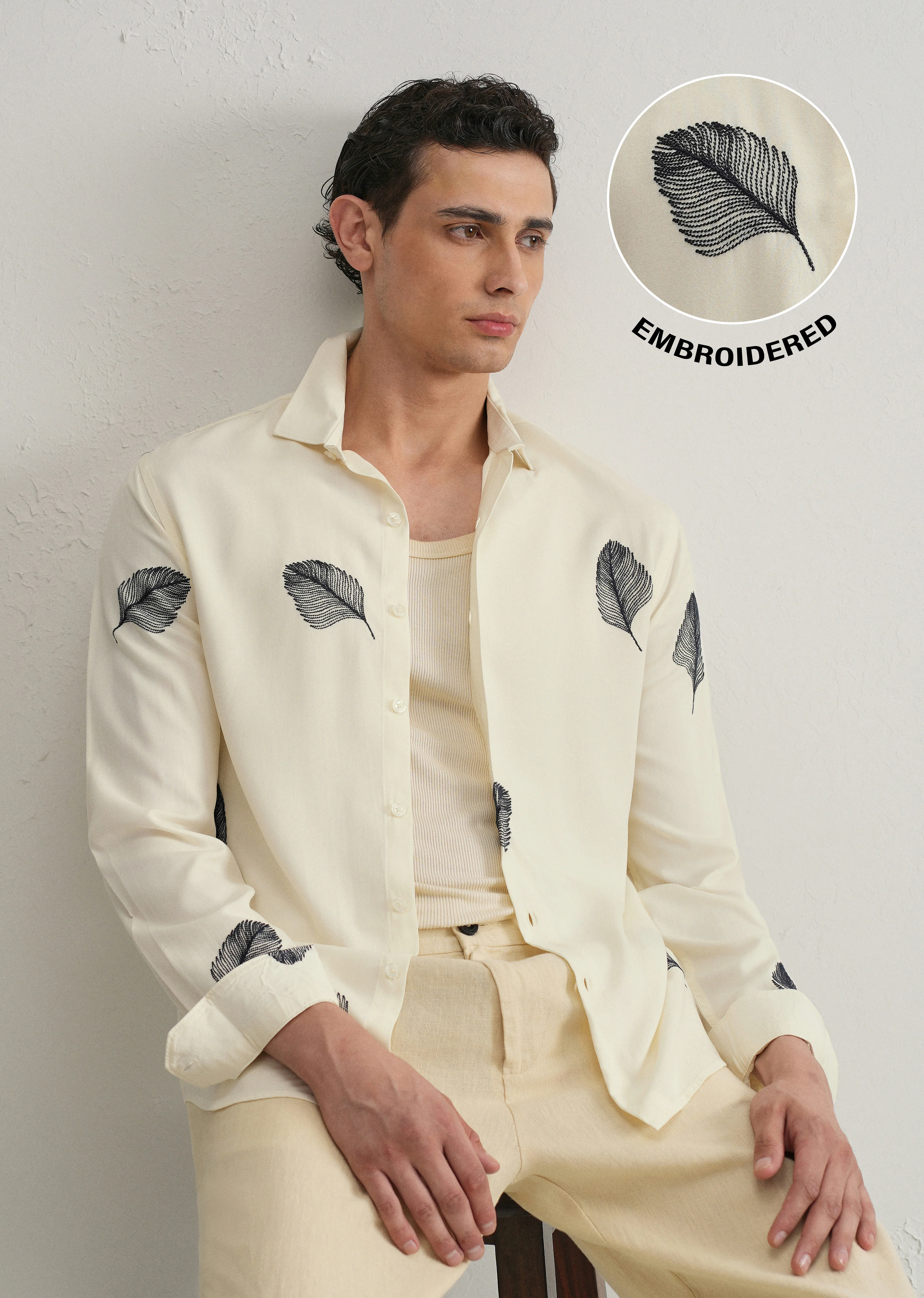 Cream Feather Embroidery Shirt - Image 7
