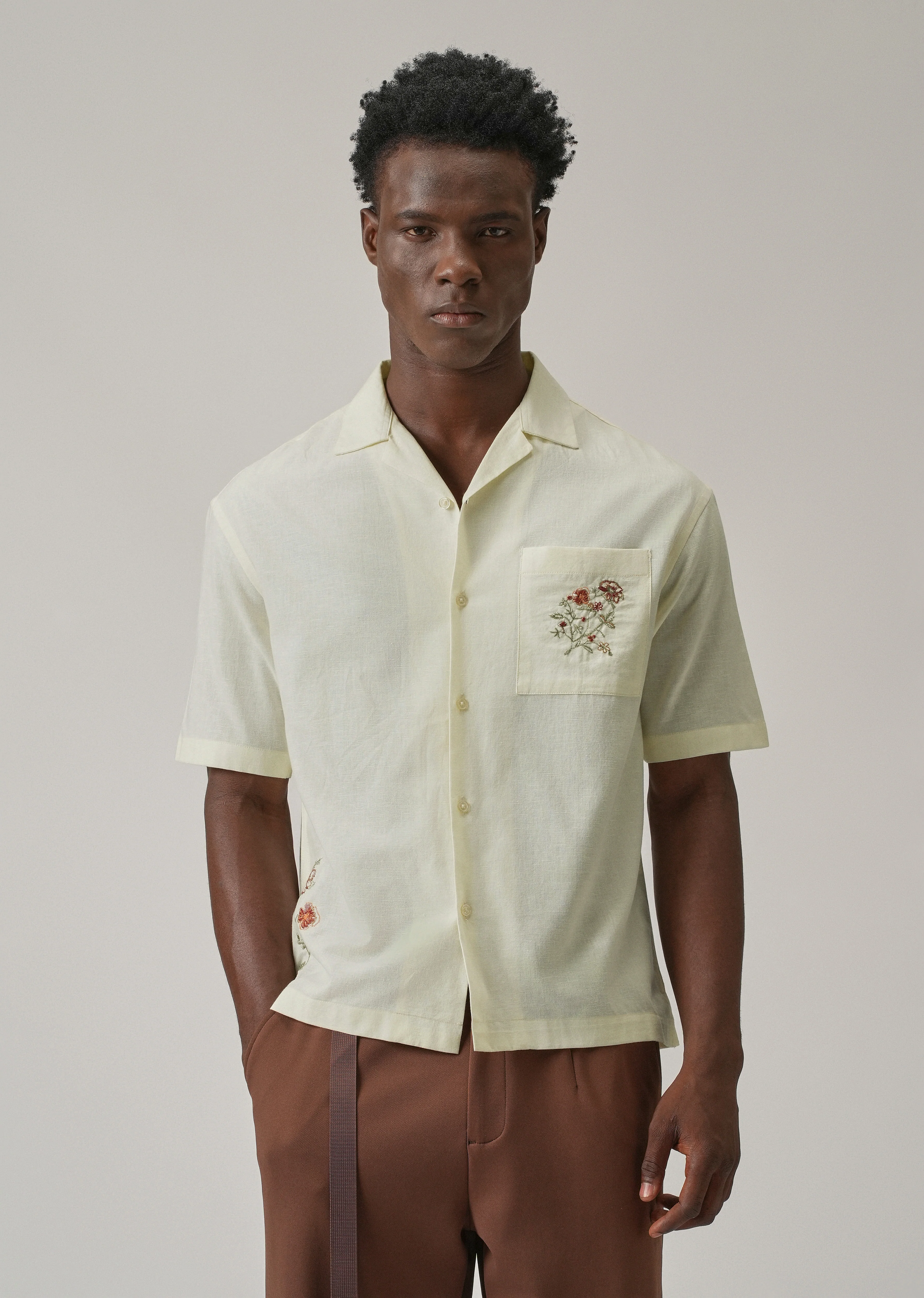 Cream Floral Embroidery Linen Shirt - Image 4