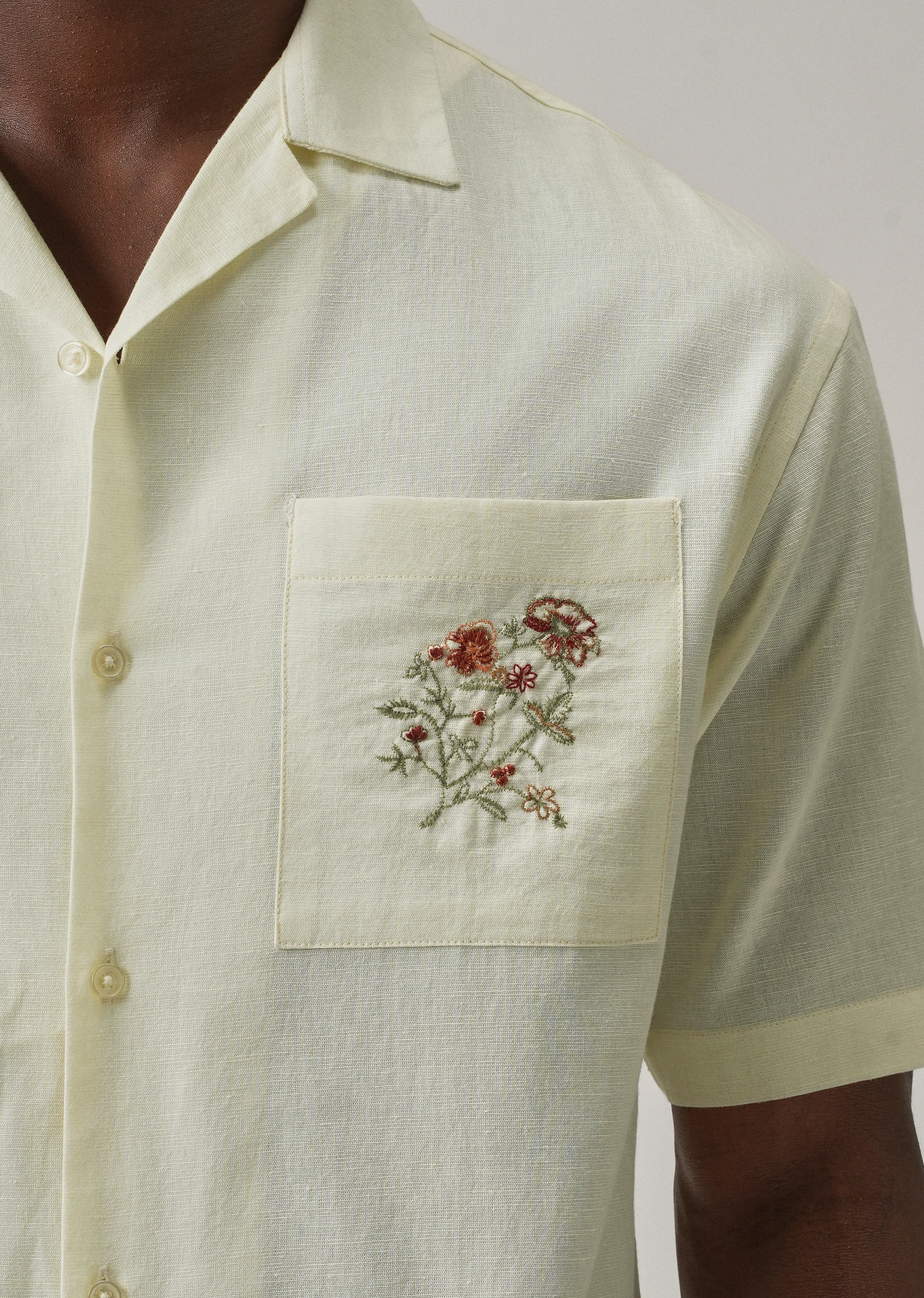 Cream Floral Embroidery Linen Shirt - Image 6