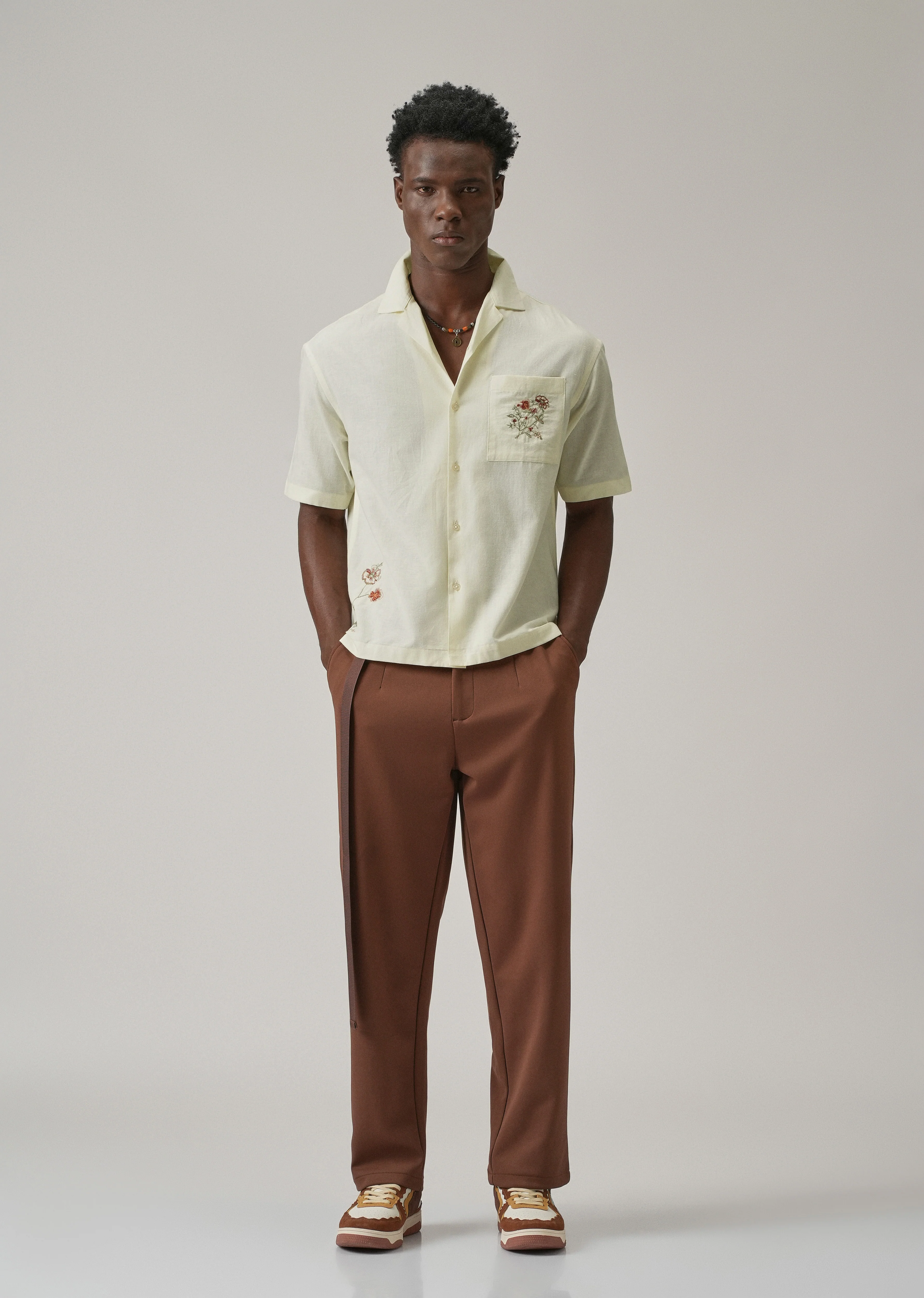Cream Floral Embroidery Linen Shirt - Image 8