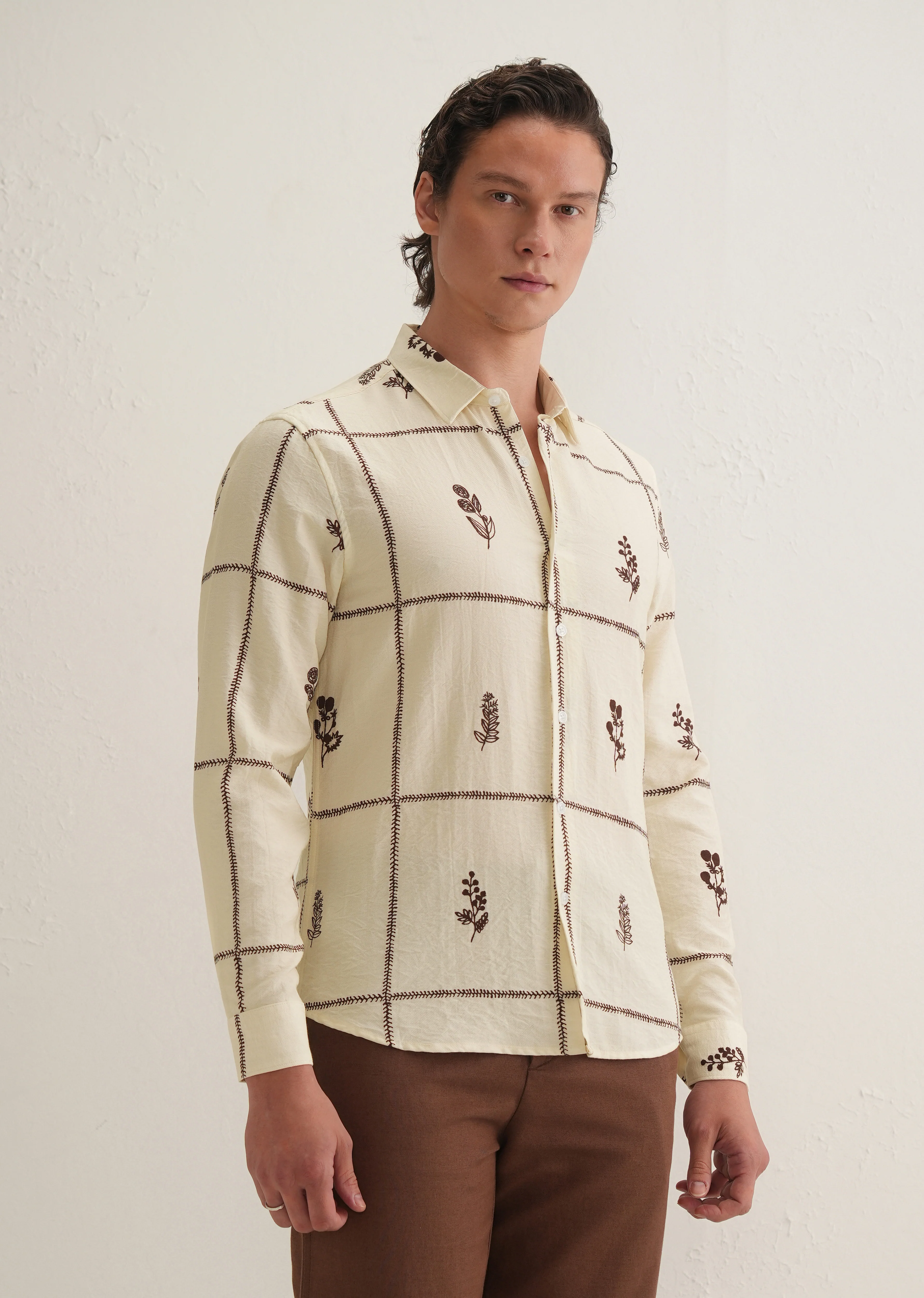 Cream Floral Grid Printed Shirt - Image 6