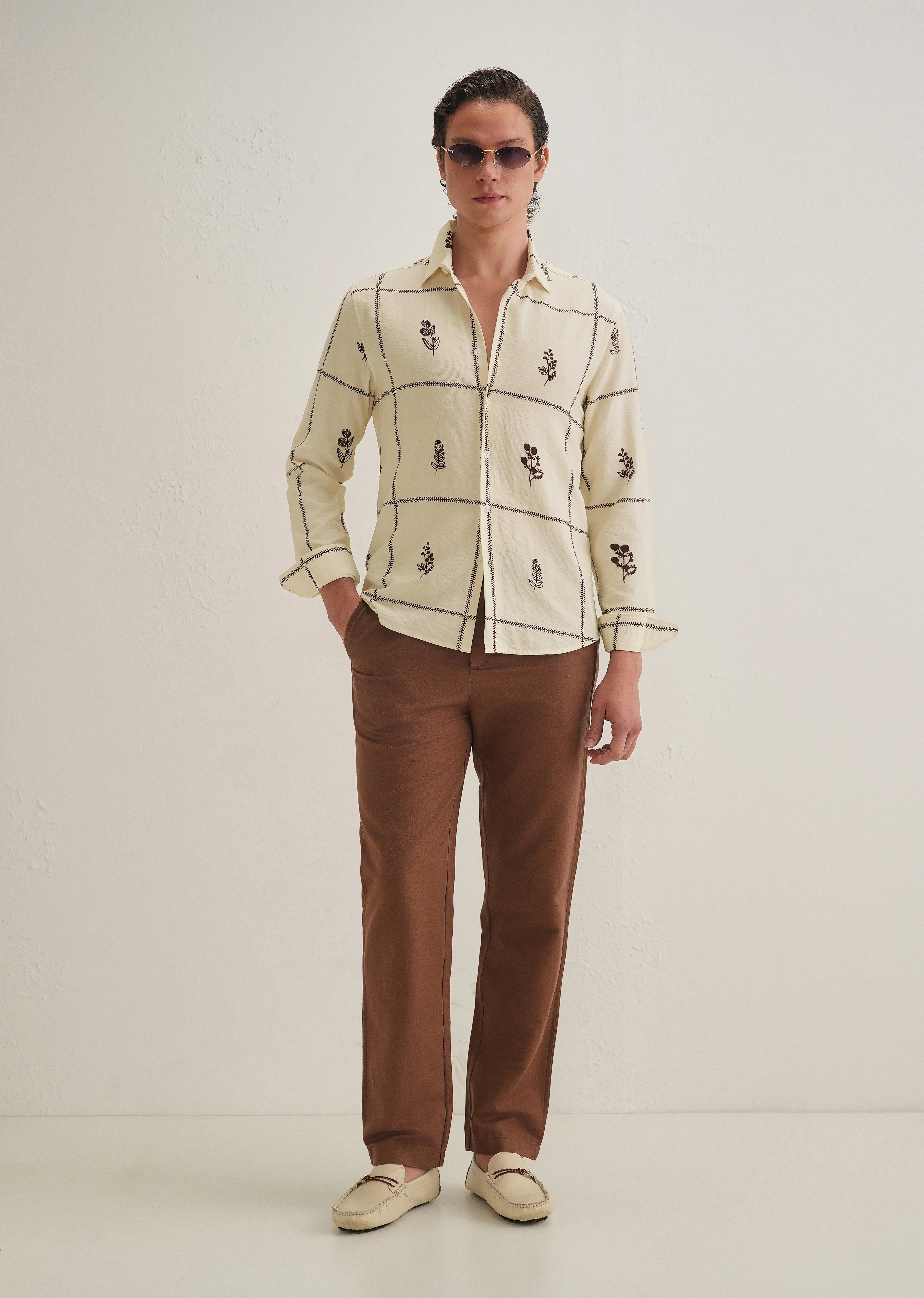 Cream Floral Grid Printed Shirt - Image 7