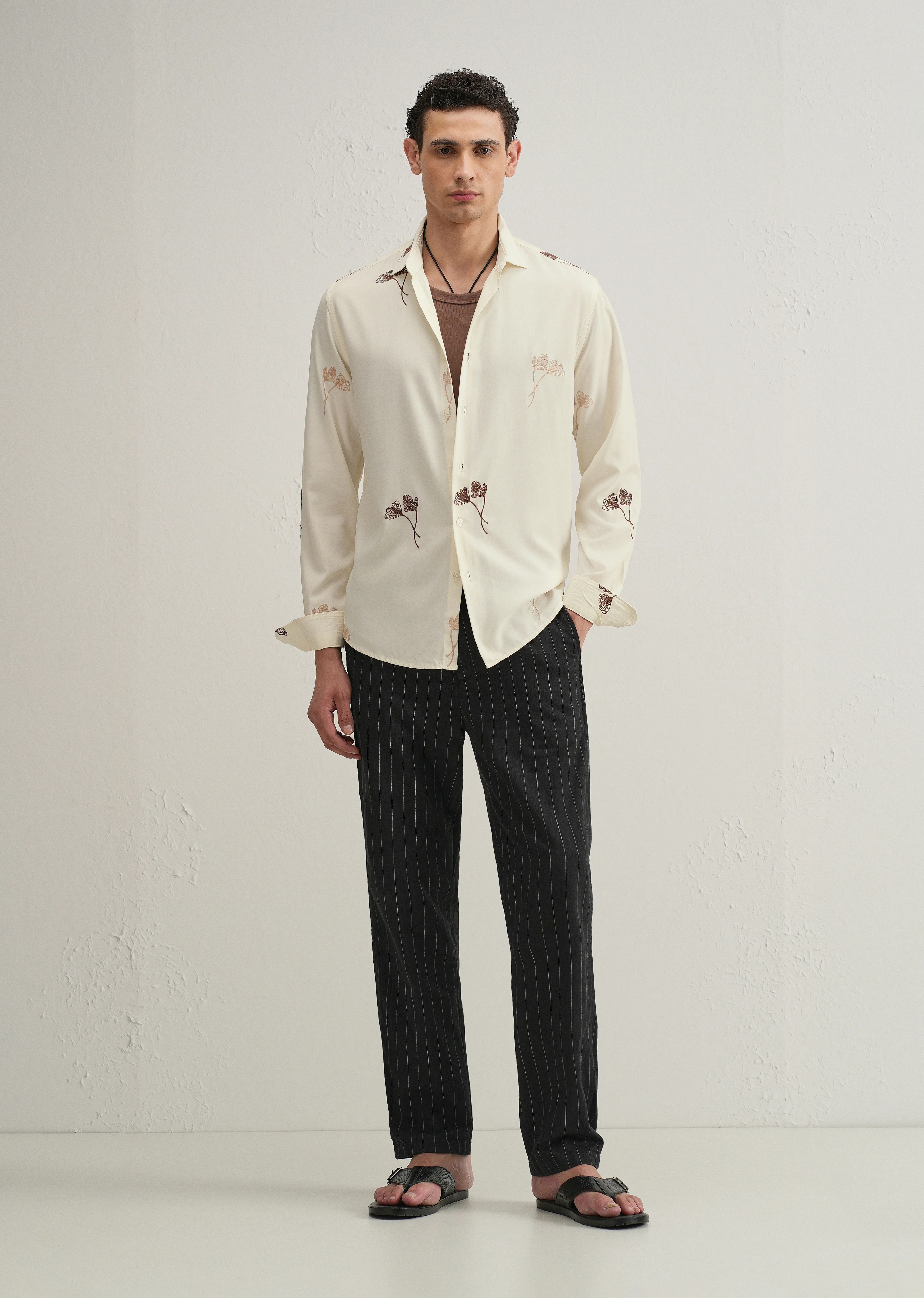 Cream Floral Motif Embroidery Shirt - Image 6