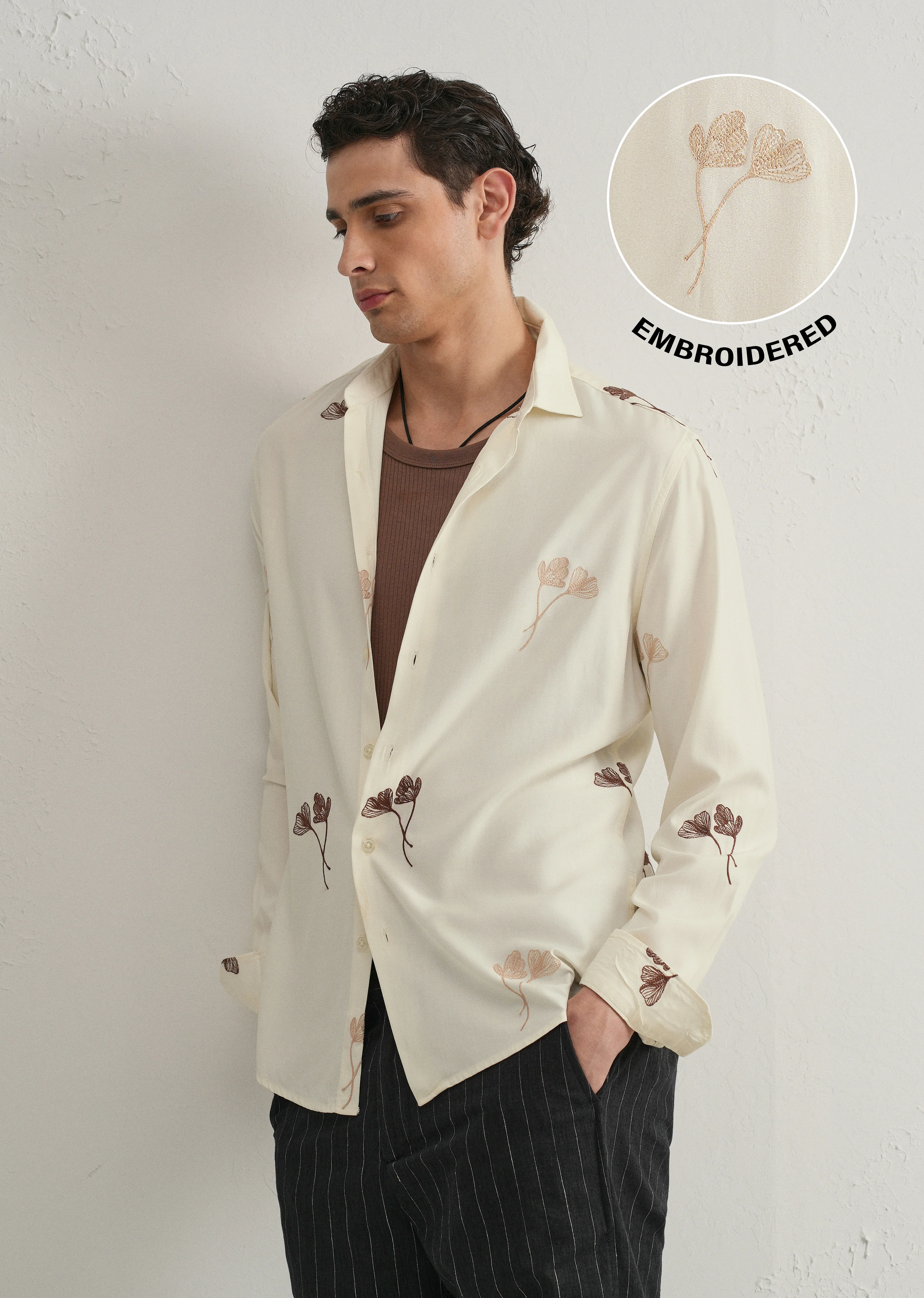 Cream Floral Motif Embroidery Shirt - Image 7
