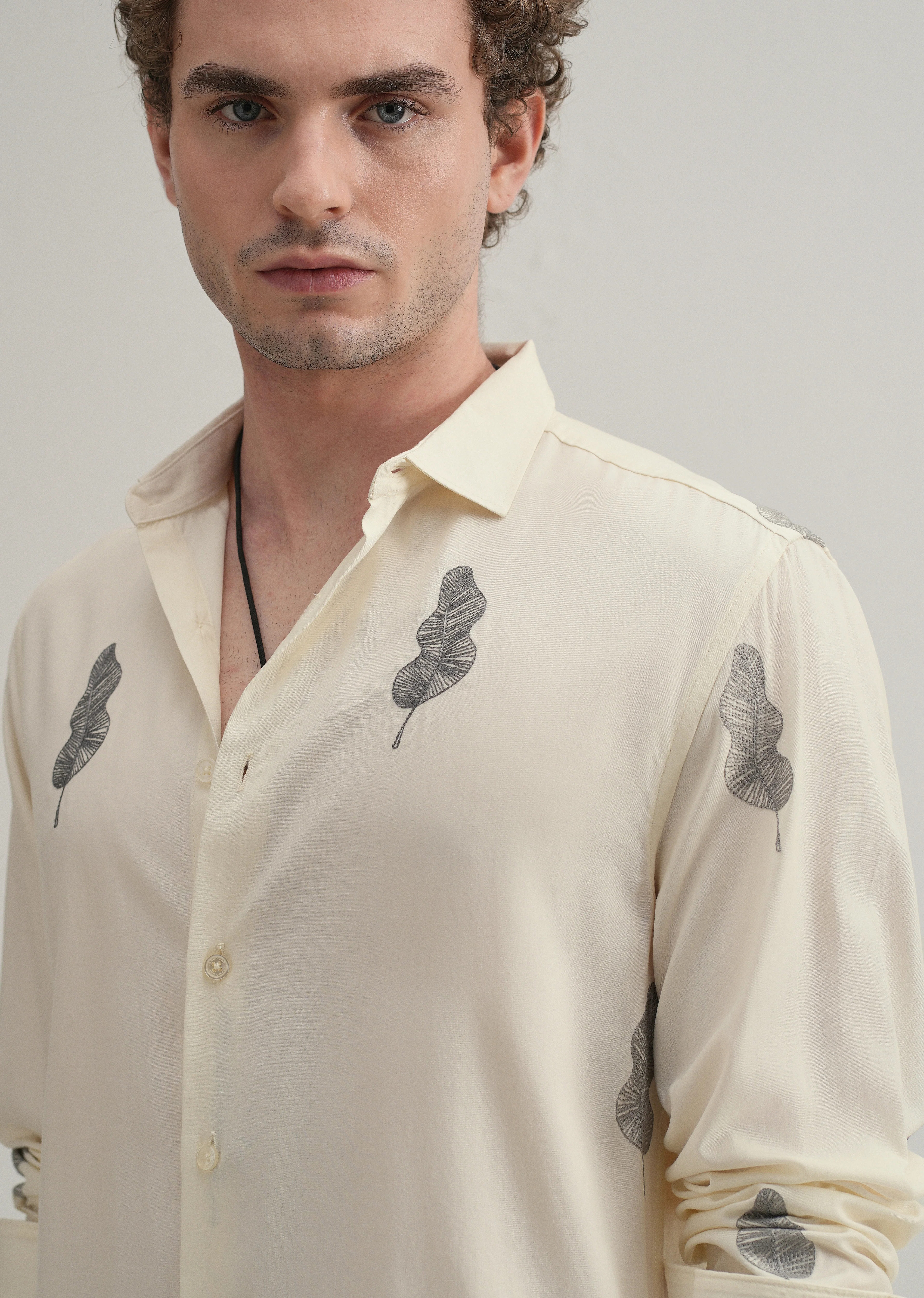 Cream Grey Leaf Motif Embroidery Shirt - Image 2