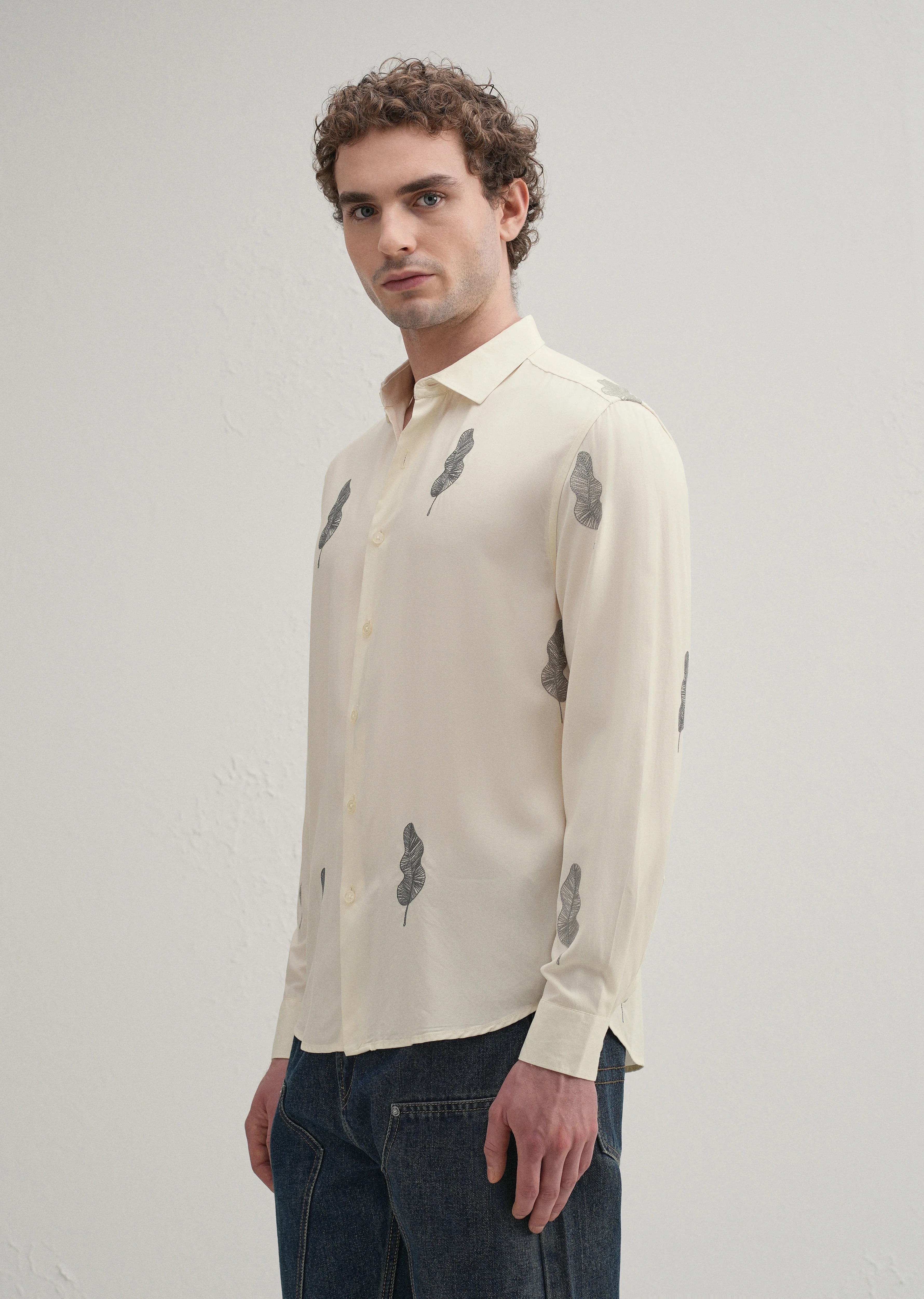 Cream Grey Leaf Motif Embroidery Shirt - Image 5