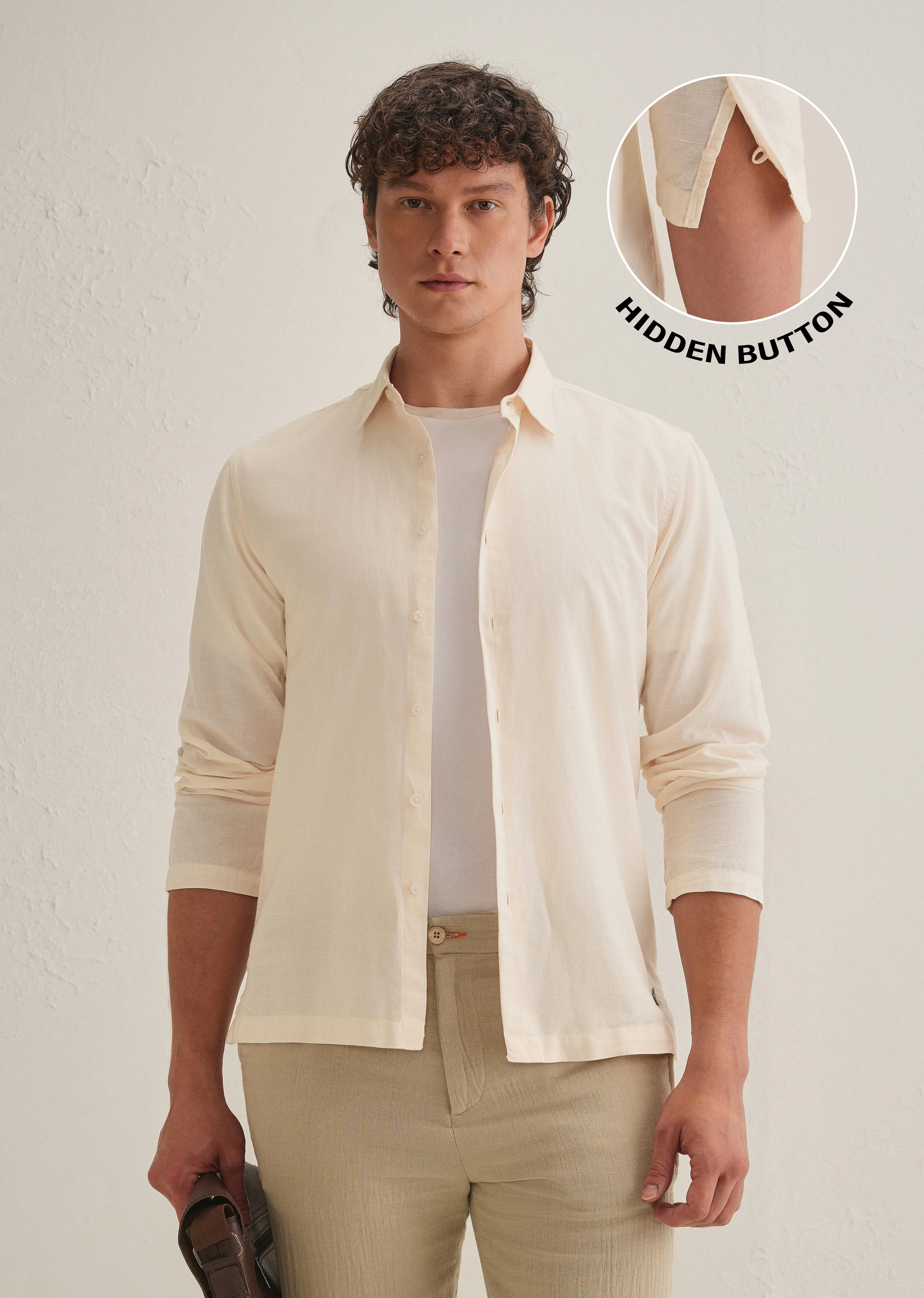 Cream Hidden Sleeve Placket Cotton Linen Shirt - Image 2