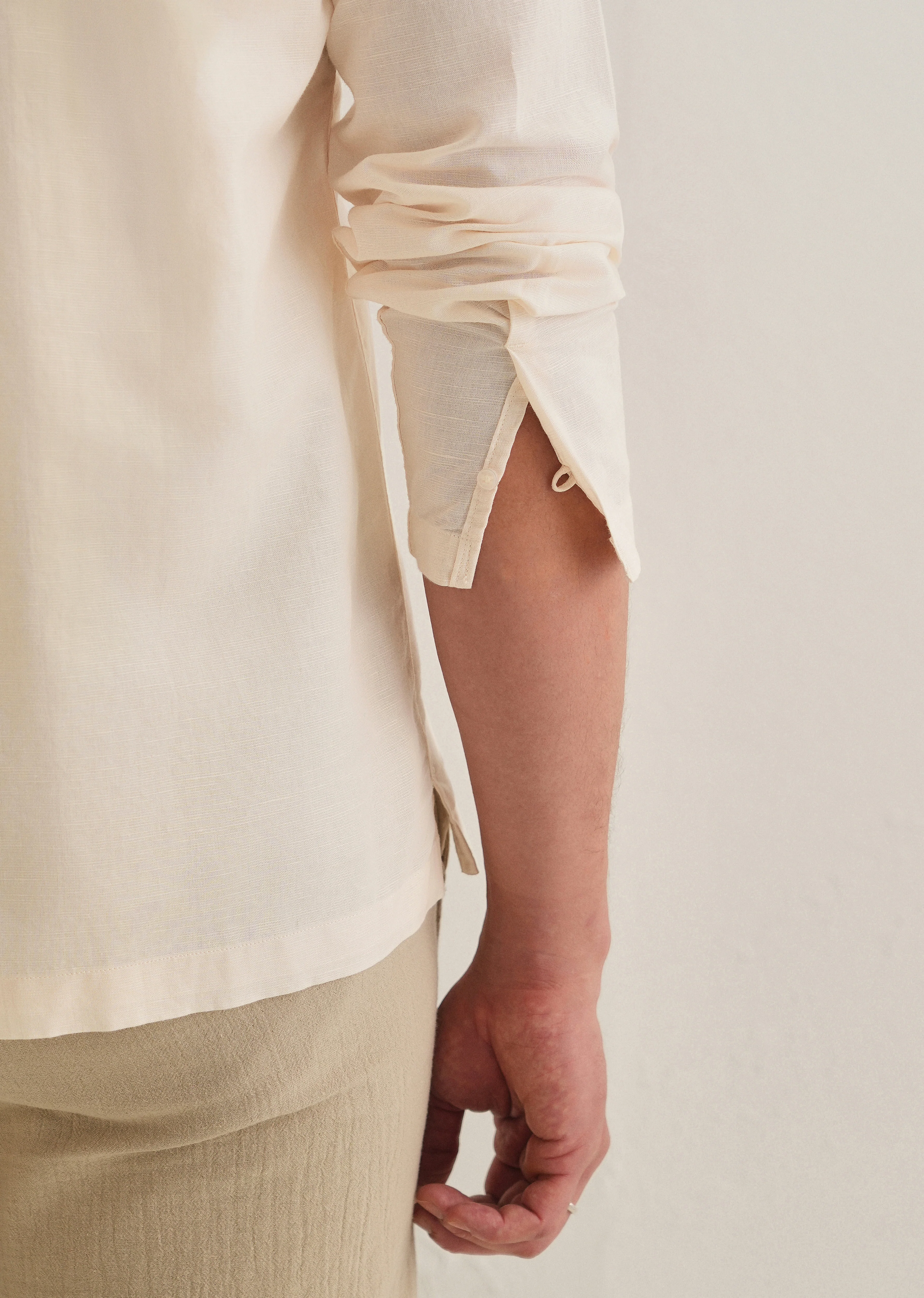 Cream Hidden Sleeve Placket Cotton Linen Shirt - Image 3