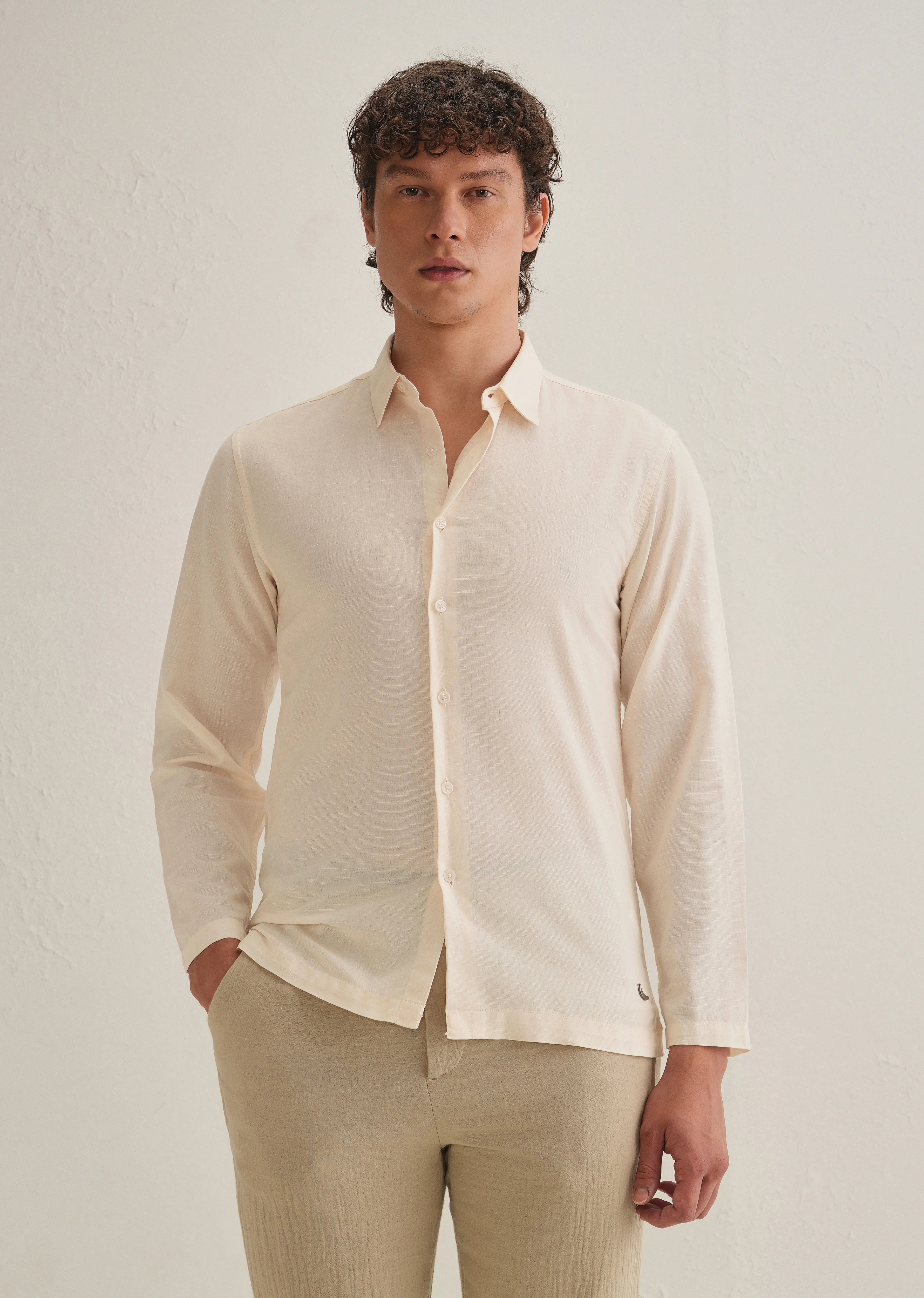 Cream Hidden Sleeve Placket Cotton Linen Shirt - Image 4