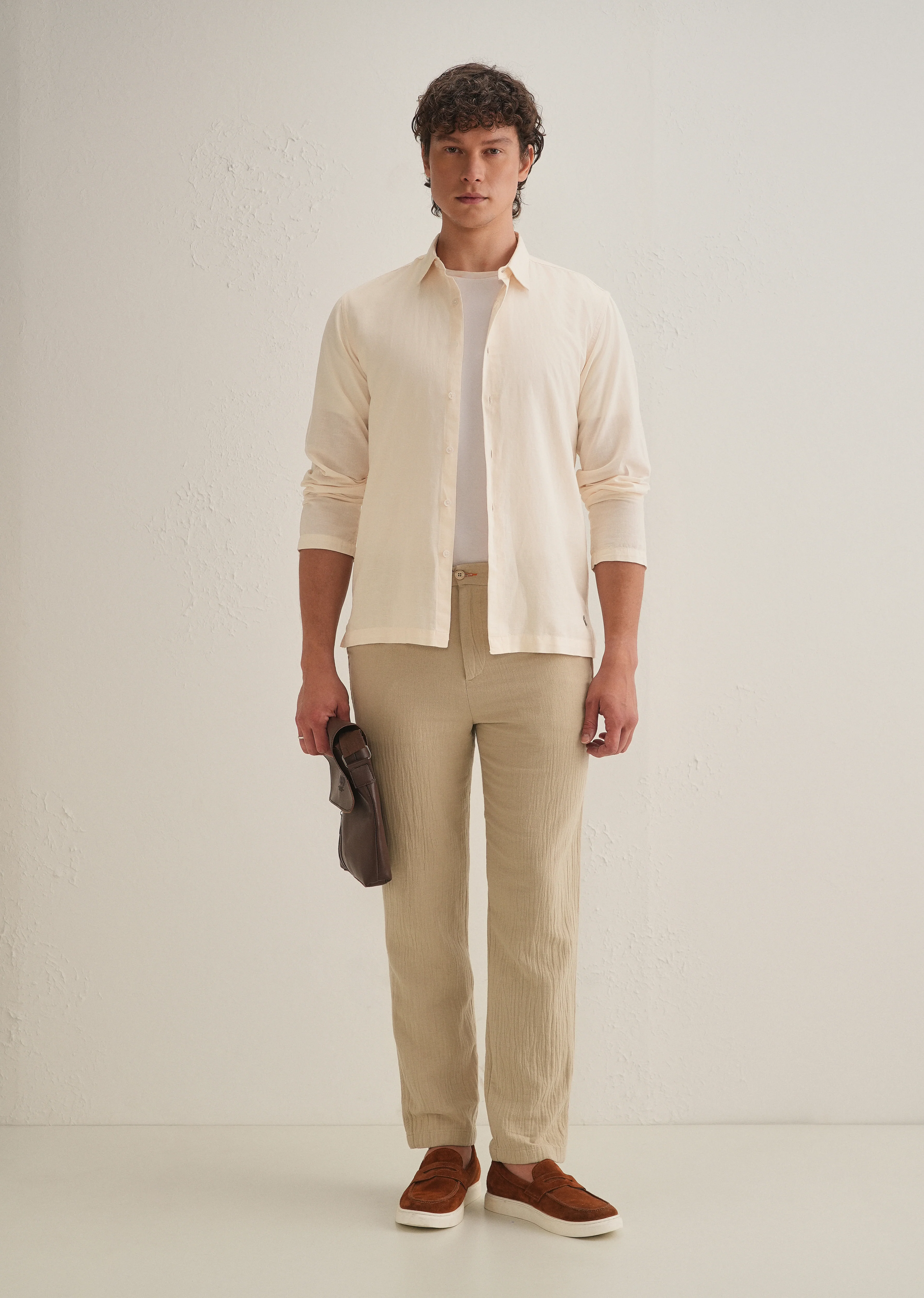 Cream Hidden Sleeve Placket Cotton Linen Shirt - Image 9