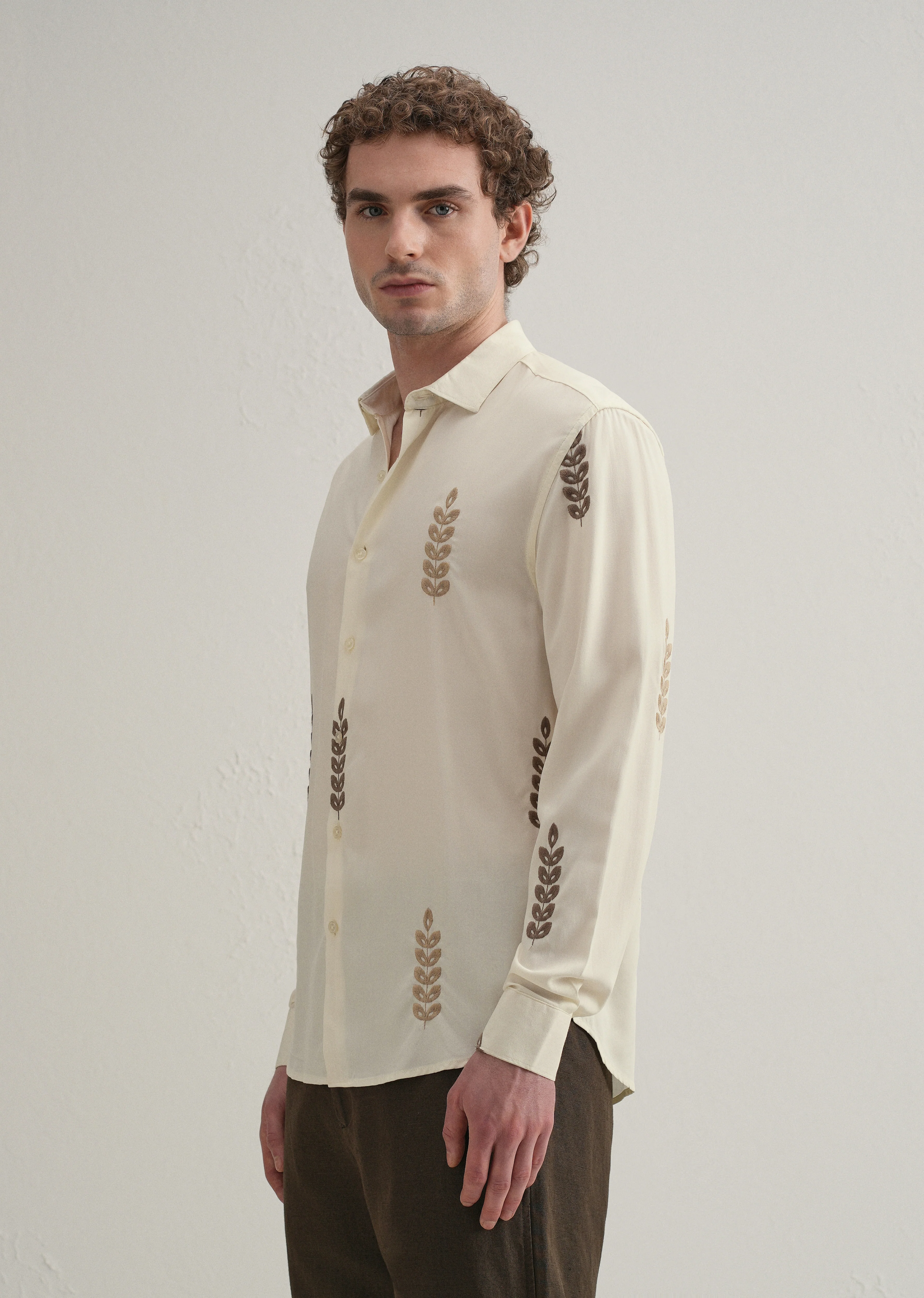 Cream Leaf Embroidery Shirt - Image 5