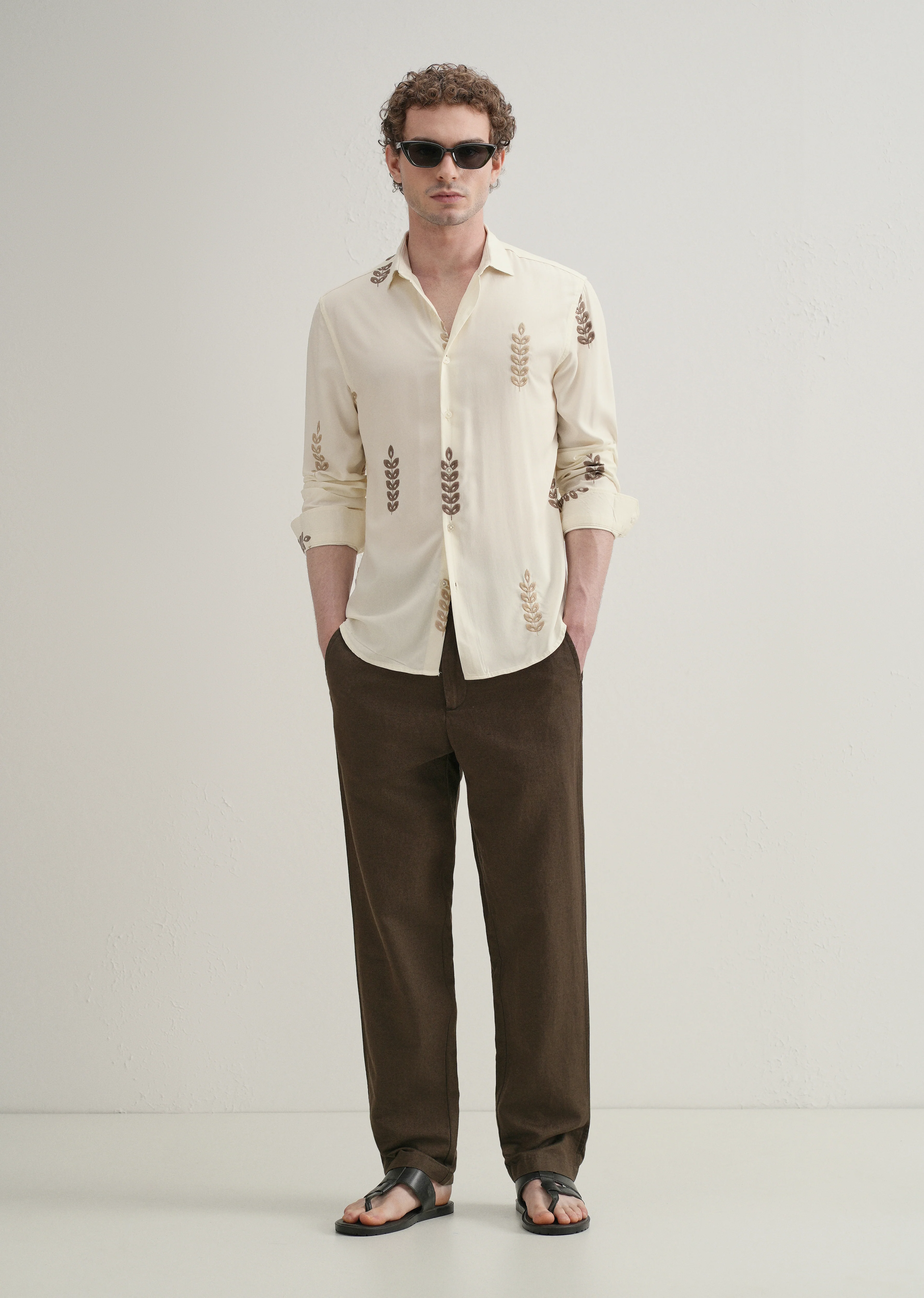 Cream Leaf Embroidery Shirt - Image 6