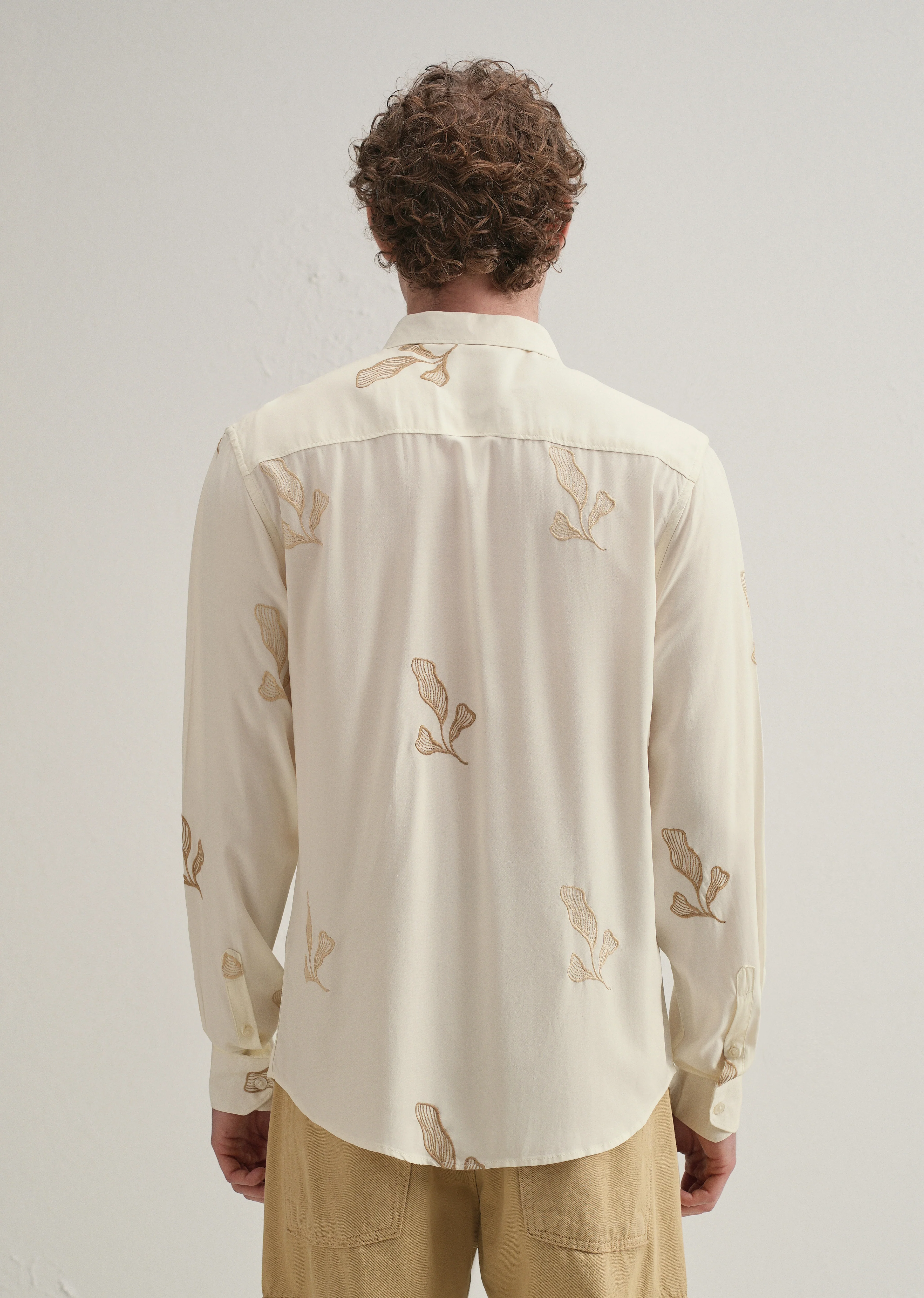 Cream Leaf Motif Embroidery Shirt - Image 3