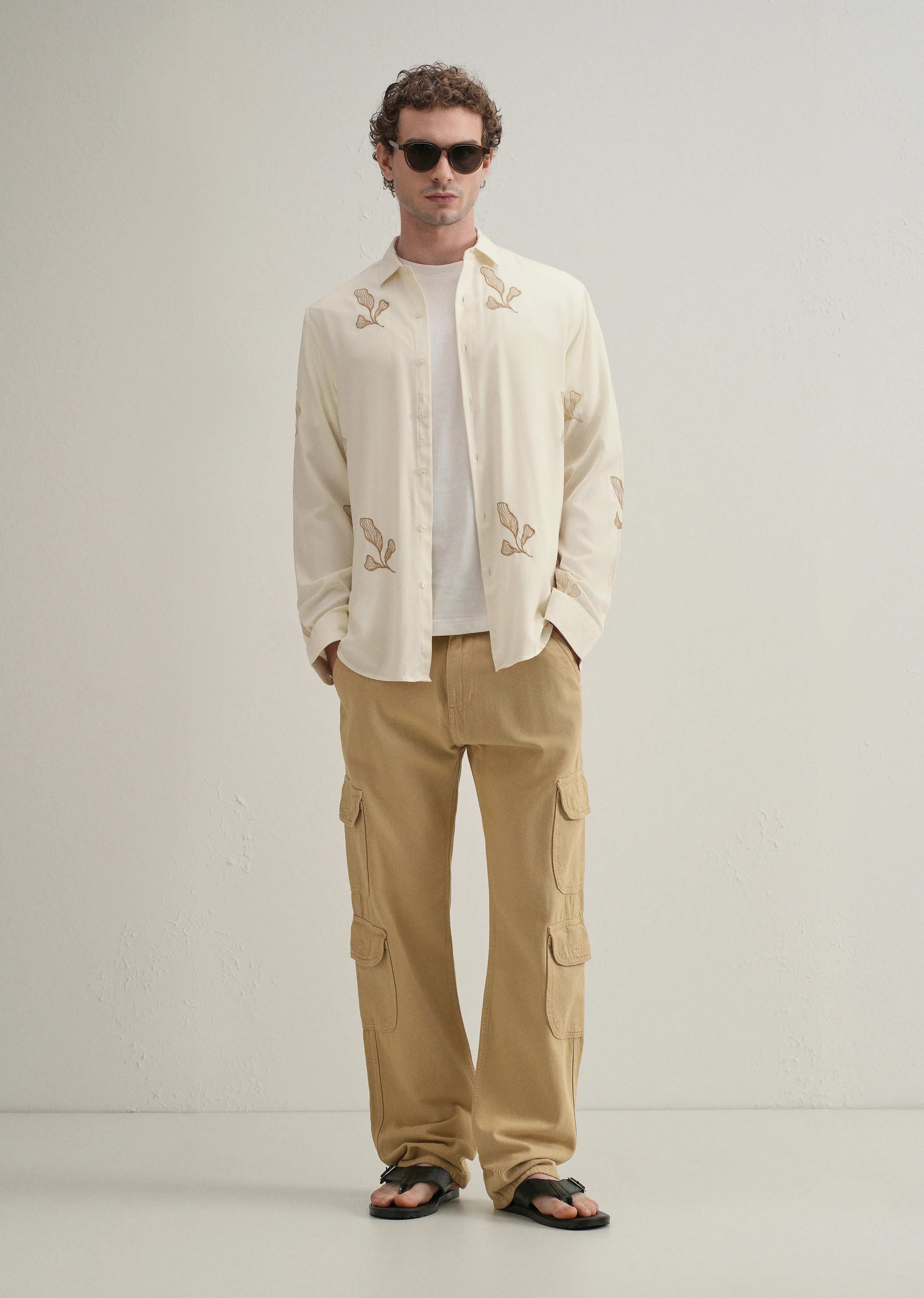 Cream Leaf Motif Embroidery Shirt - Image 6