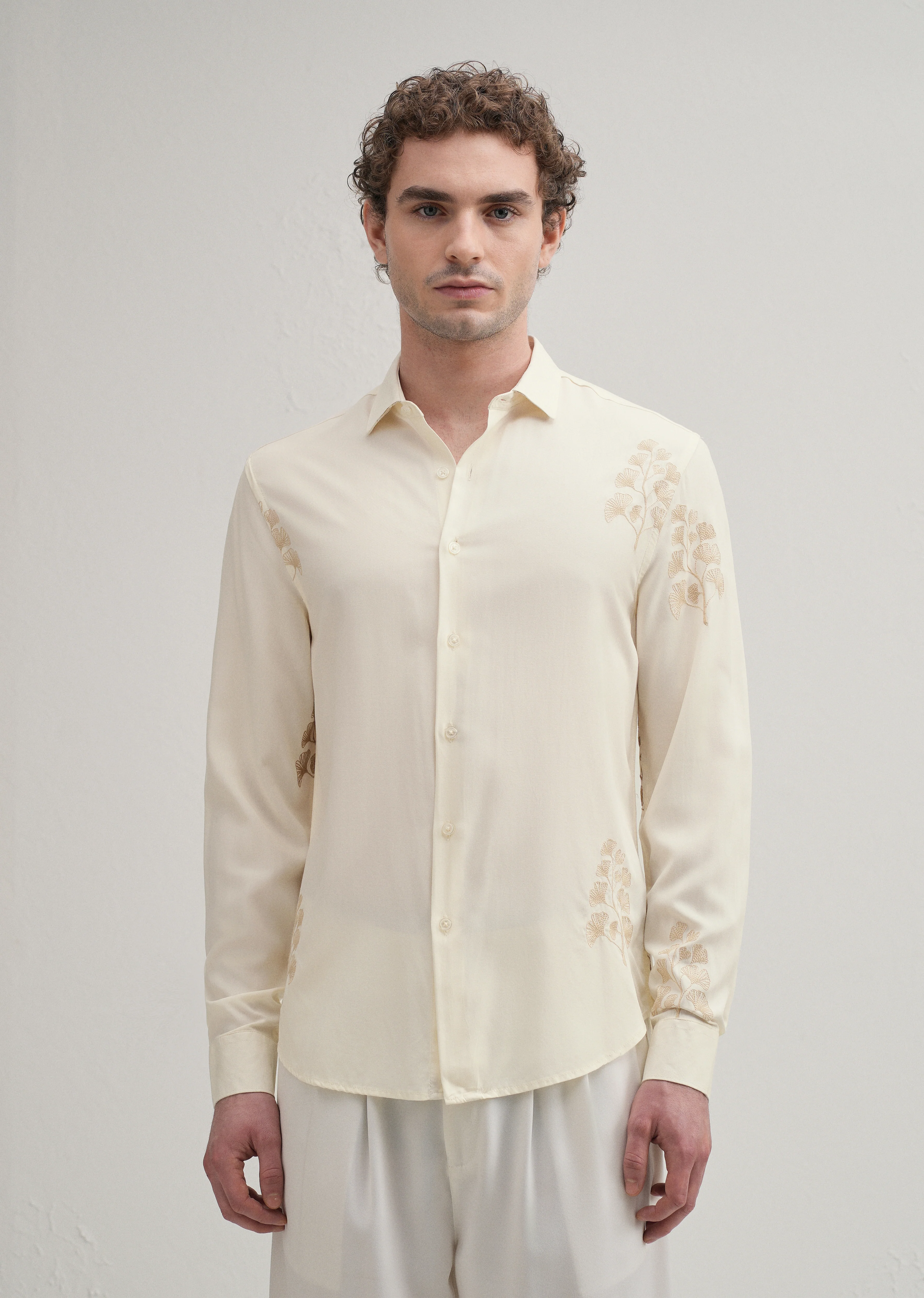 Cream Motif Embroidery Shirt - Image 4