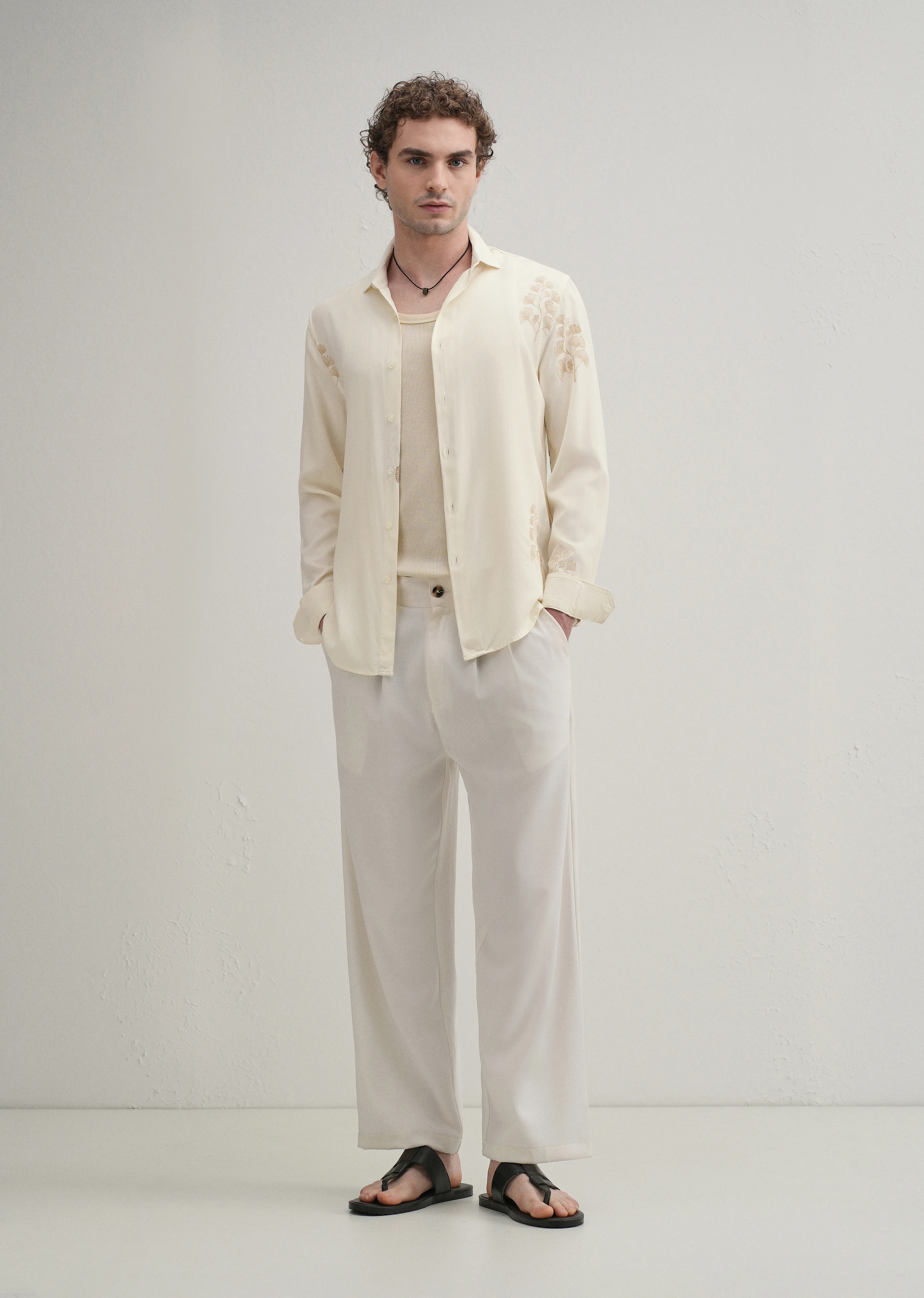 Cream Motif Embroidery Shirt - Image 6