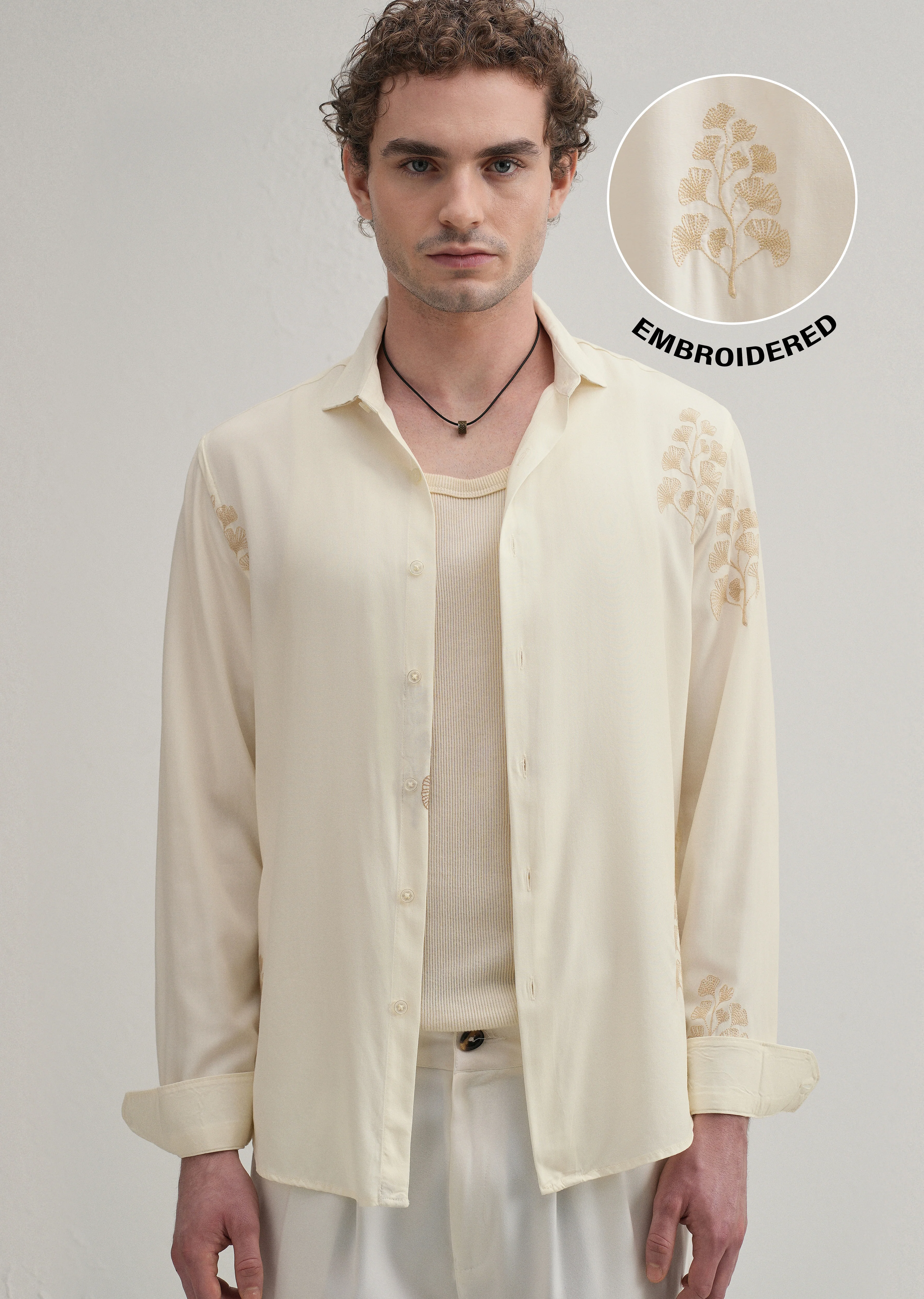 Cream Motif Embroidery Shirt - Image 7