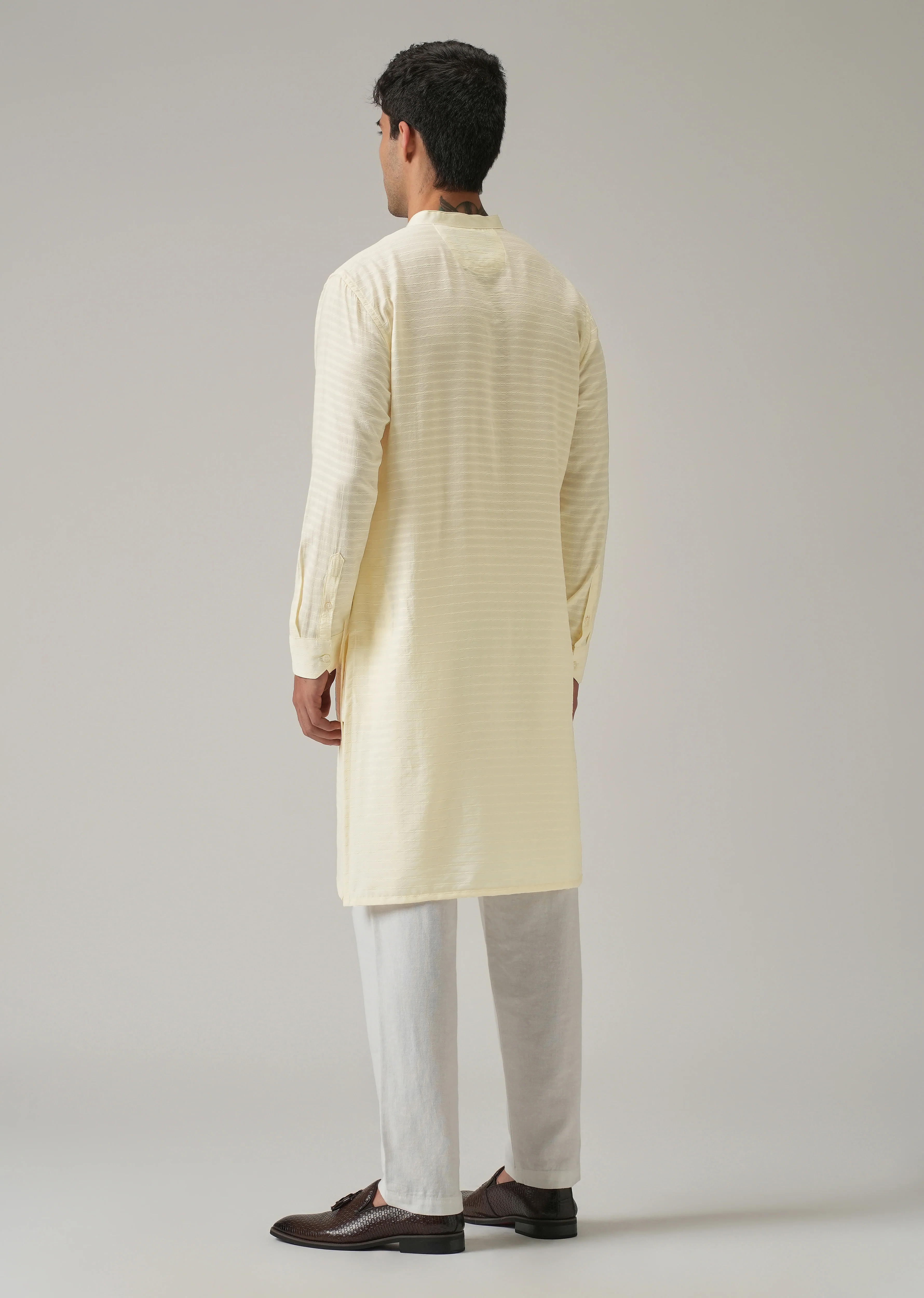 Cream Nylon Self Stripe Kurta - Image 2