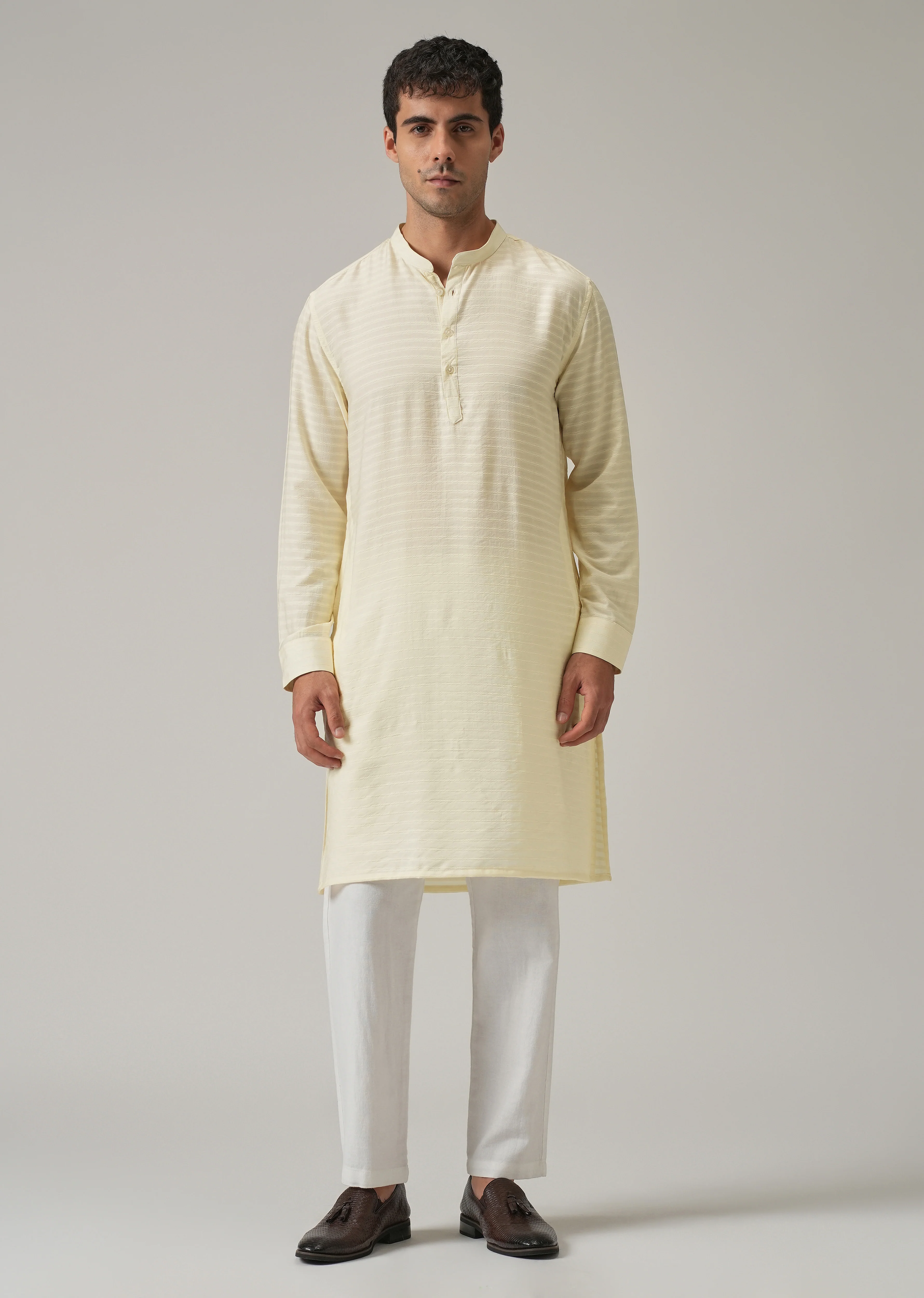 Cream Nylon Self Stripe Kurta - Image 3