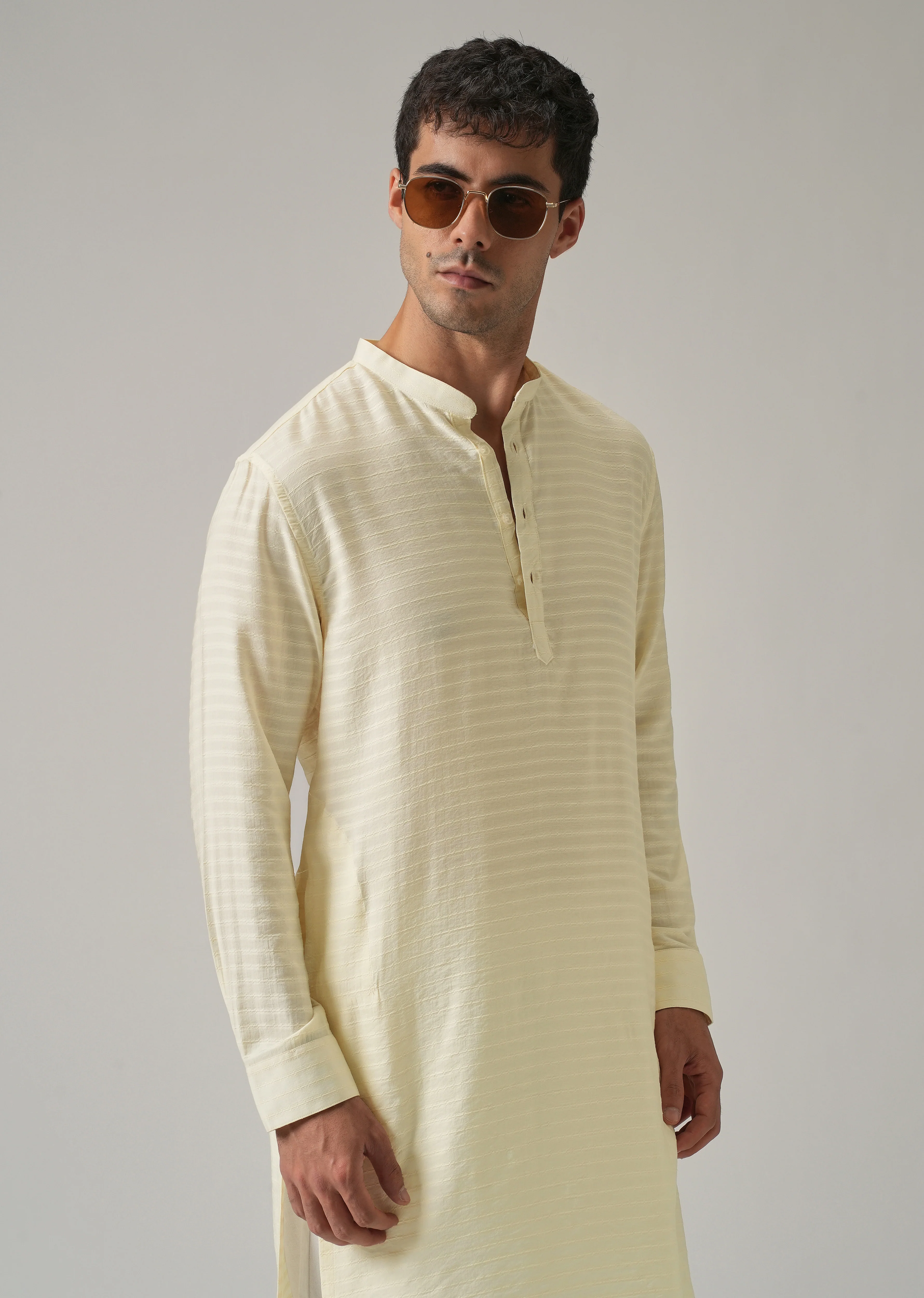 Cream Nylon Self Stripe Kurta - Image 6